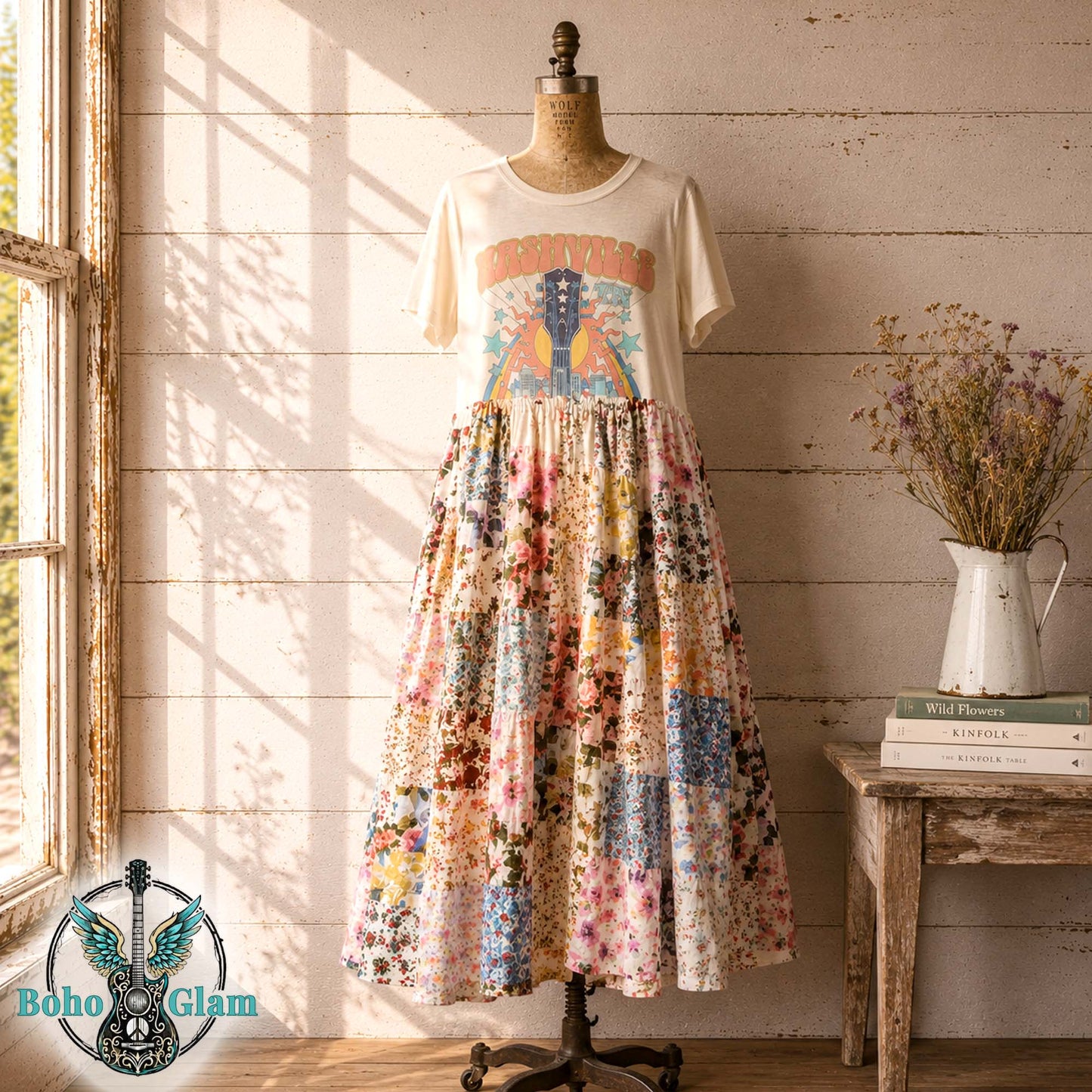 Nashville Patchwork Tee Shirt Dress Upcycled OOAK