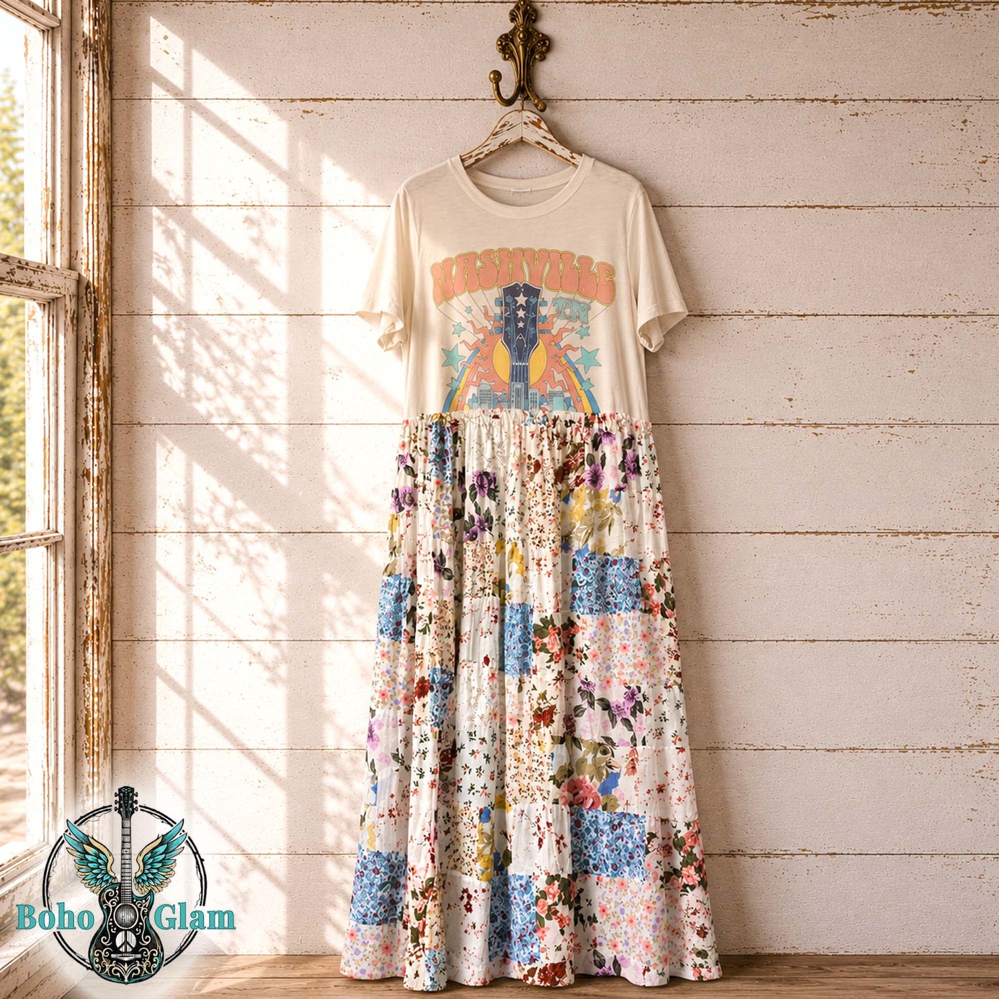 Nashville Patchwork Tee Shirt Dress Upcycled OOAK