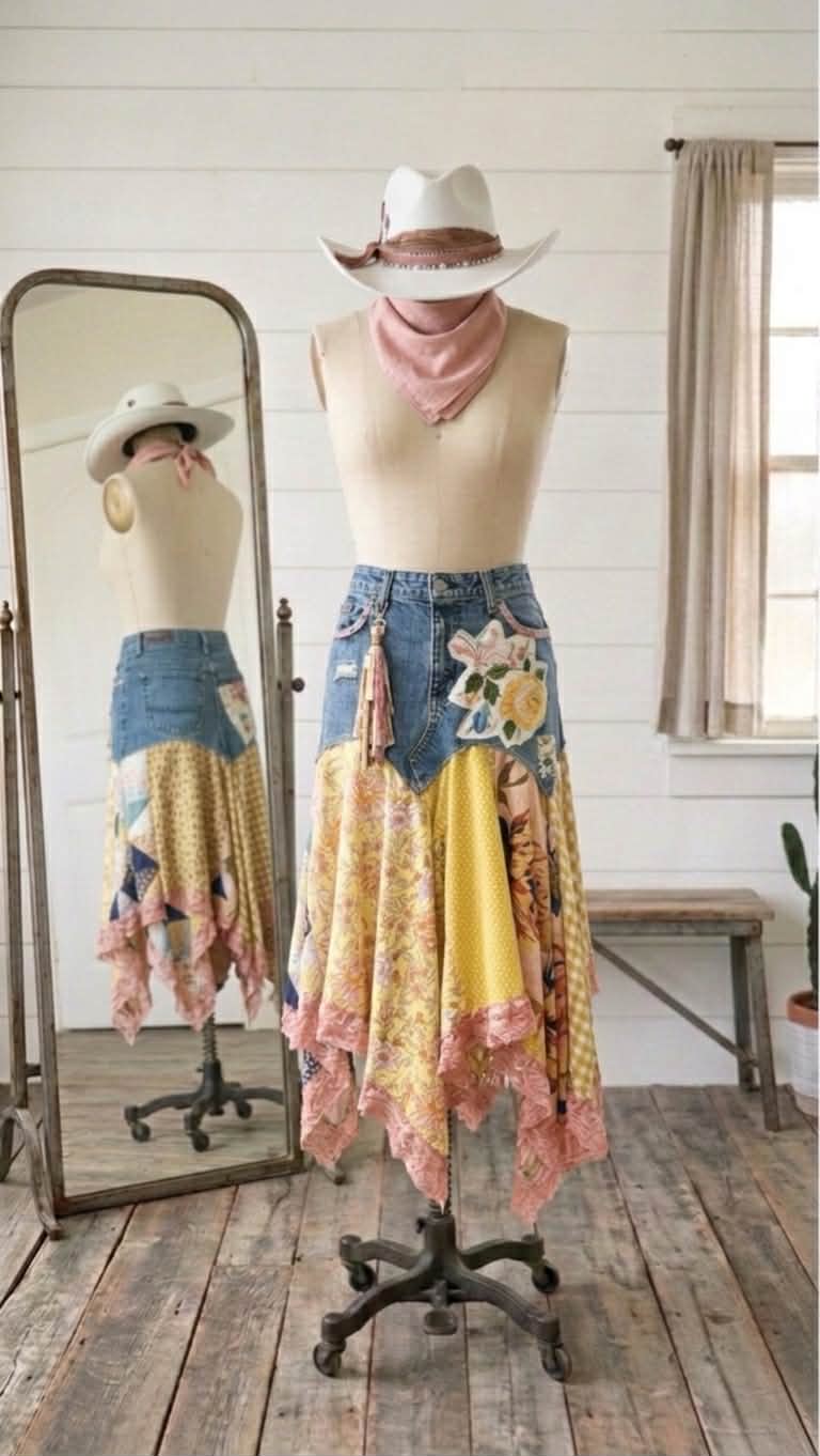 Ralph Lauren Upcycled Denim Skirt, Yellow Floral Hanky Hem, Boho Patchwork Maxi, with Vintage Lace & Linen Applique, Size 8