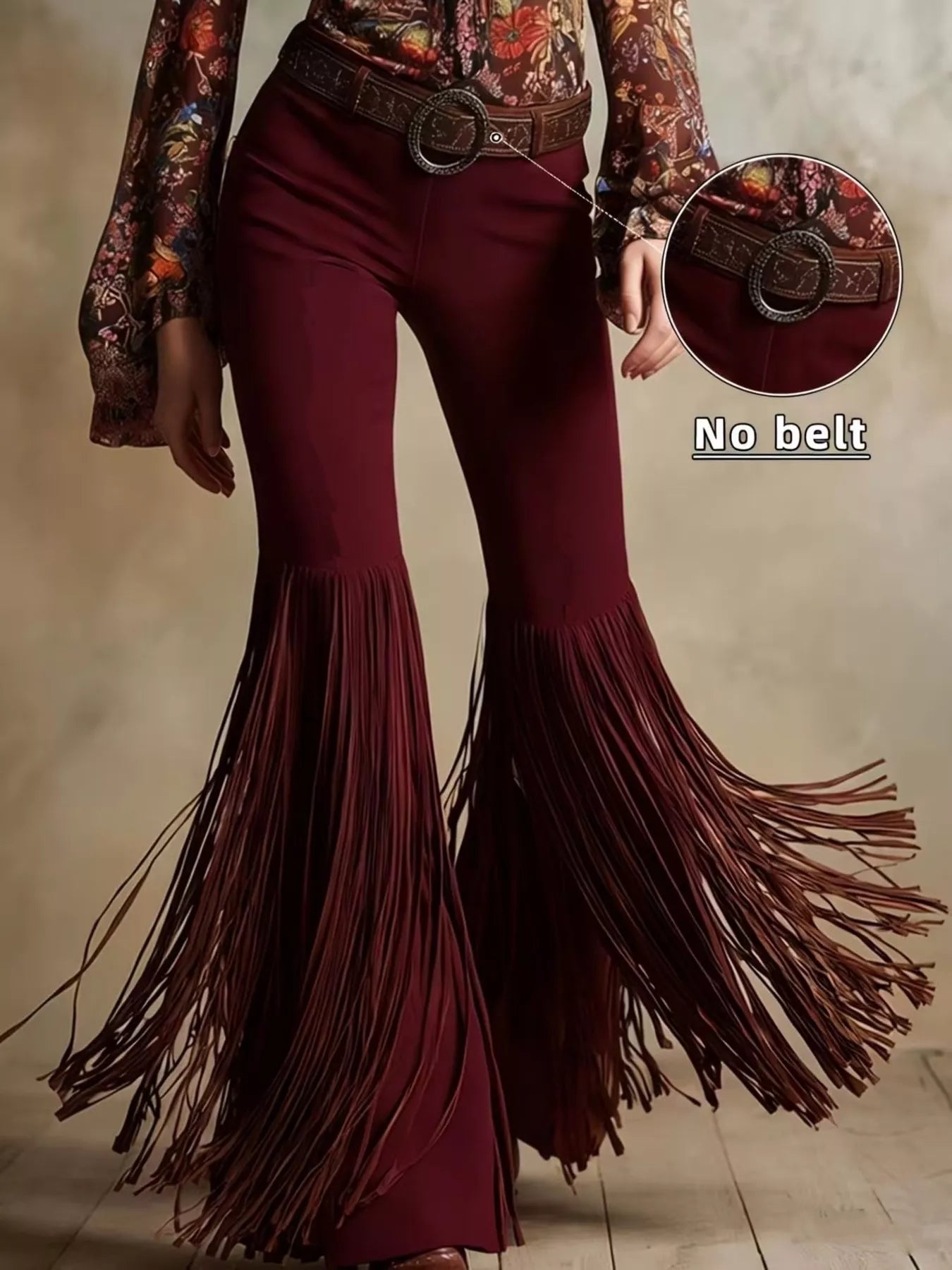 Maroon fringed pants with a belt and without it on a neutral background