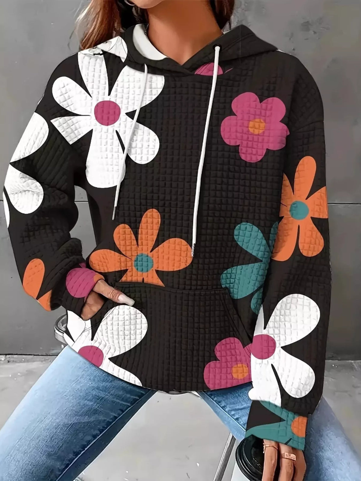 Floral Print Textured Drawstring Hoodie – Boho Glam
