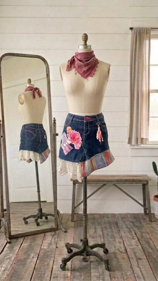 Upcycled Denim Mini Skirt, Boho Patchwork, Plaid Floral Appliques, Vintage Lace,  Size 7, Scrappy Custom Jean Skirt