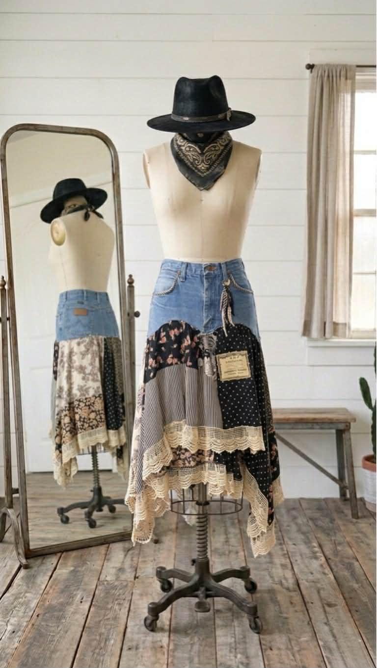 Scrappy Skirt, Patchwork Maxi, Custom Boho Skirt, One of a Kind, Cottagecore Style, Upcycled Fashion, Handmade Clothing, Floral Patchwork, Whimsigoth Skirt, Denim and Ivory, Lace Maxi Skirt, Bohemian Fashion, Made to Order