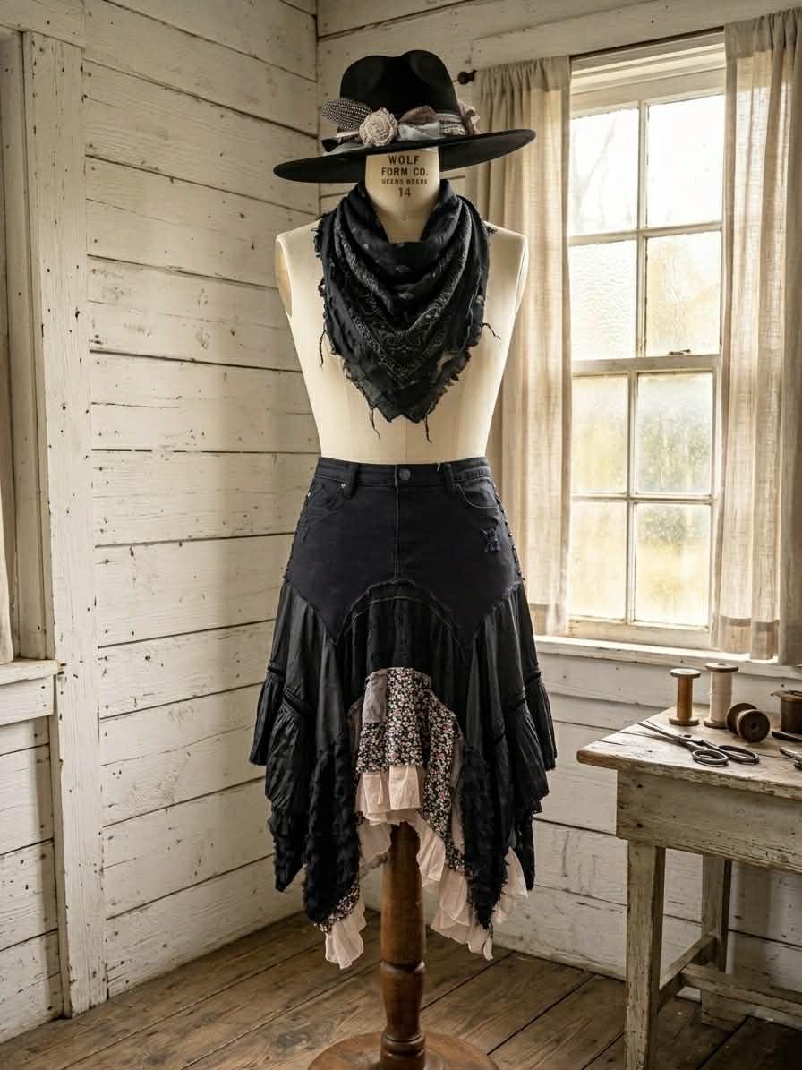 Scrappy Skirt, Patchwork Maxi, Custom Boho Skirt, One of a Kind, Cottagecore Style, Upcycled Fashion, Handmade Clothing, Floral Patchwork, Whimsigoth Skirt, Denim and Ivory, Lace Maxi Skirt, Bohemian Fashion, Made to Order