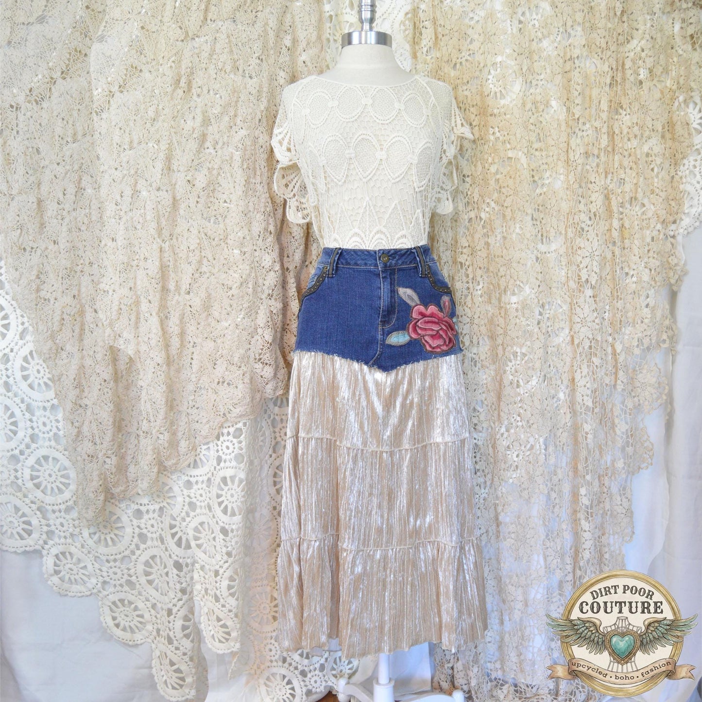 Denim Velvet Embroidered Skirt, Studded Boho Upcycled Skirt with Sequin, Peony Embroidery, Size 10, Reba Jean Crushed Velvet tiered Skirt