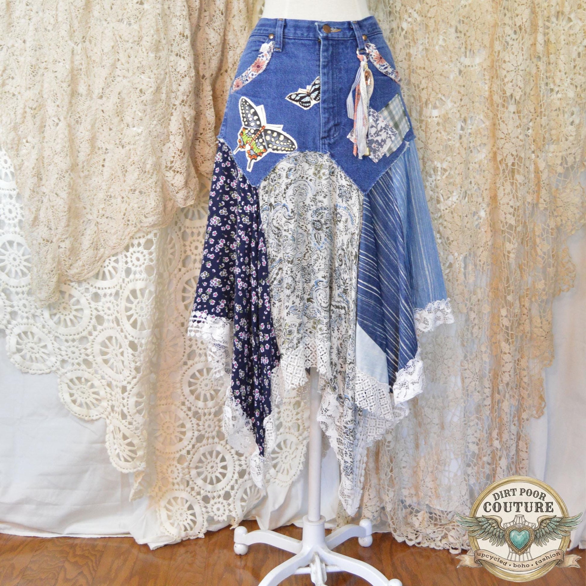 Denim Butterfly Scrappy Skirt, Size 9, Upcycled, Custom Patchwork, Handkerchief Boho Skirt, Jeans, Vintage, Lace