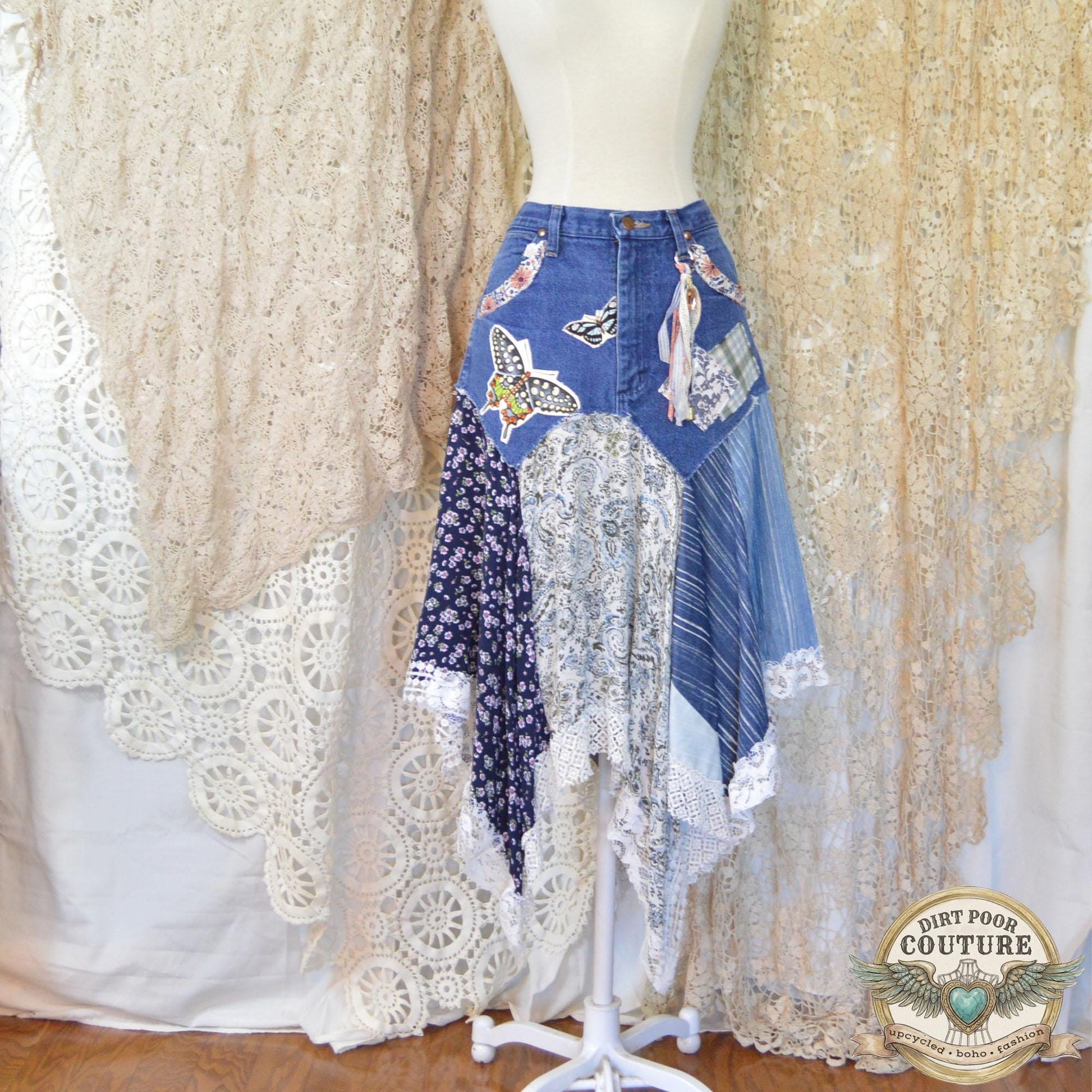 Denim Butterfly Scrappy Skirt, Size 9, Upcycled, Custom Patchwork, Handkerchief Boho Skirt, Jeans, Vintage, Lace