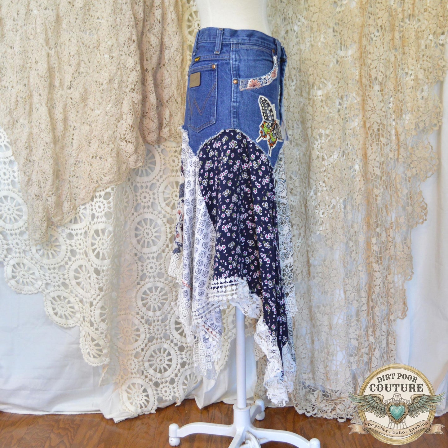 Denim Butterfly Scrappy Skirt, Size 9, Upcycled, Custom Patchwork, Handkerchief Boho Skirt, Jeans, Vintage, Lace