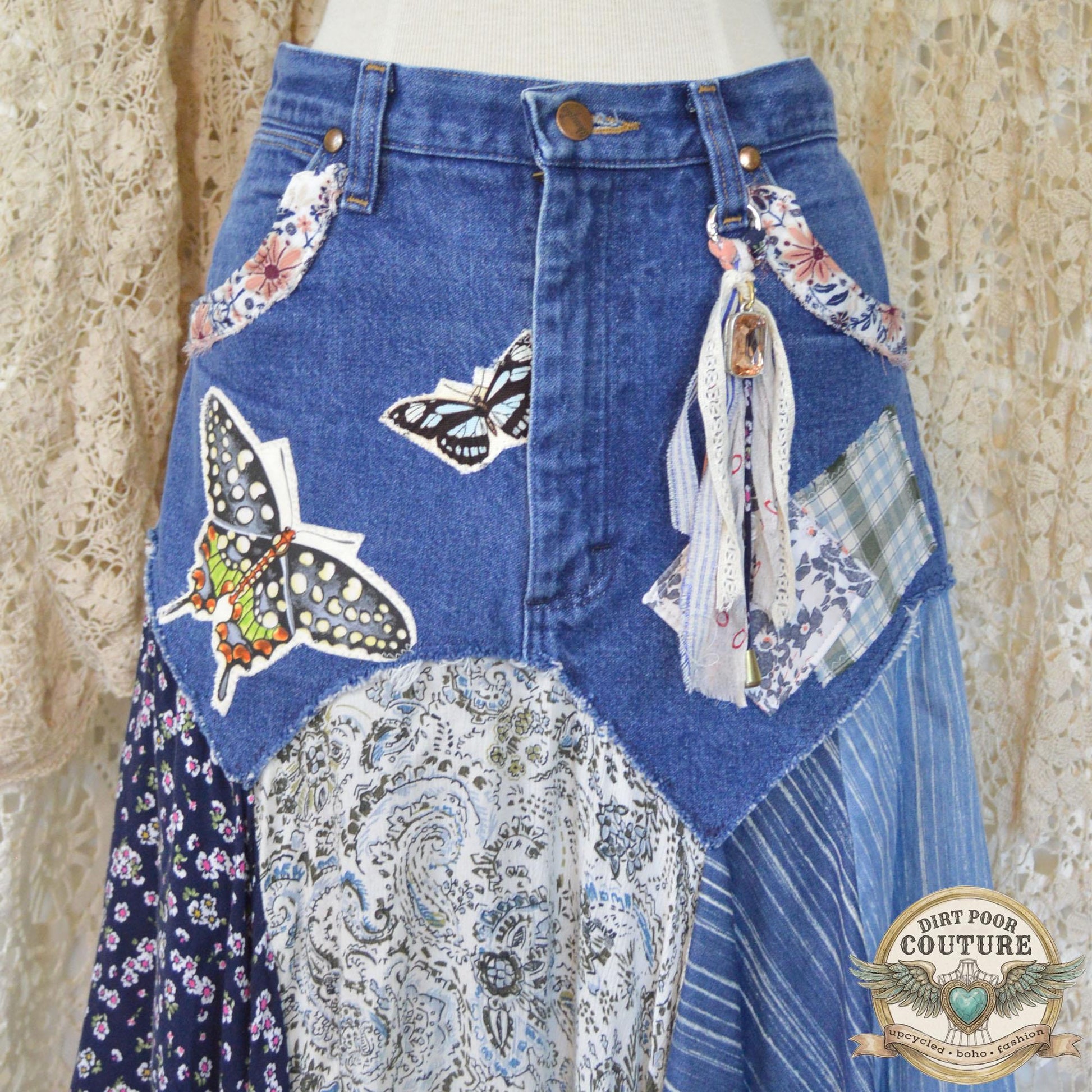 Denim Butterfly Scrappy Skirt, Size 9, Upcycled, Custom Patchwork, Handkerchief Boho Skirt, Jeans, Vintage, Lace