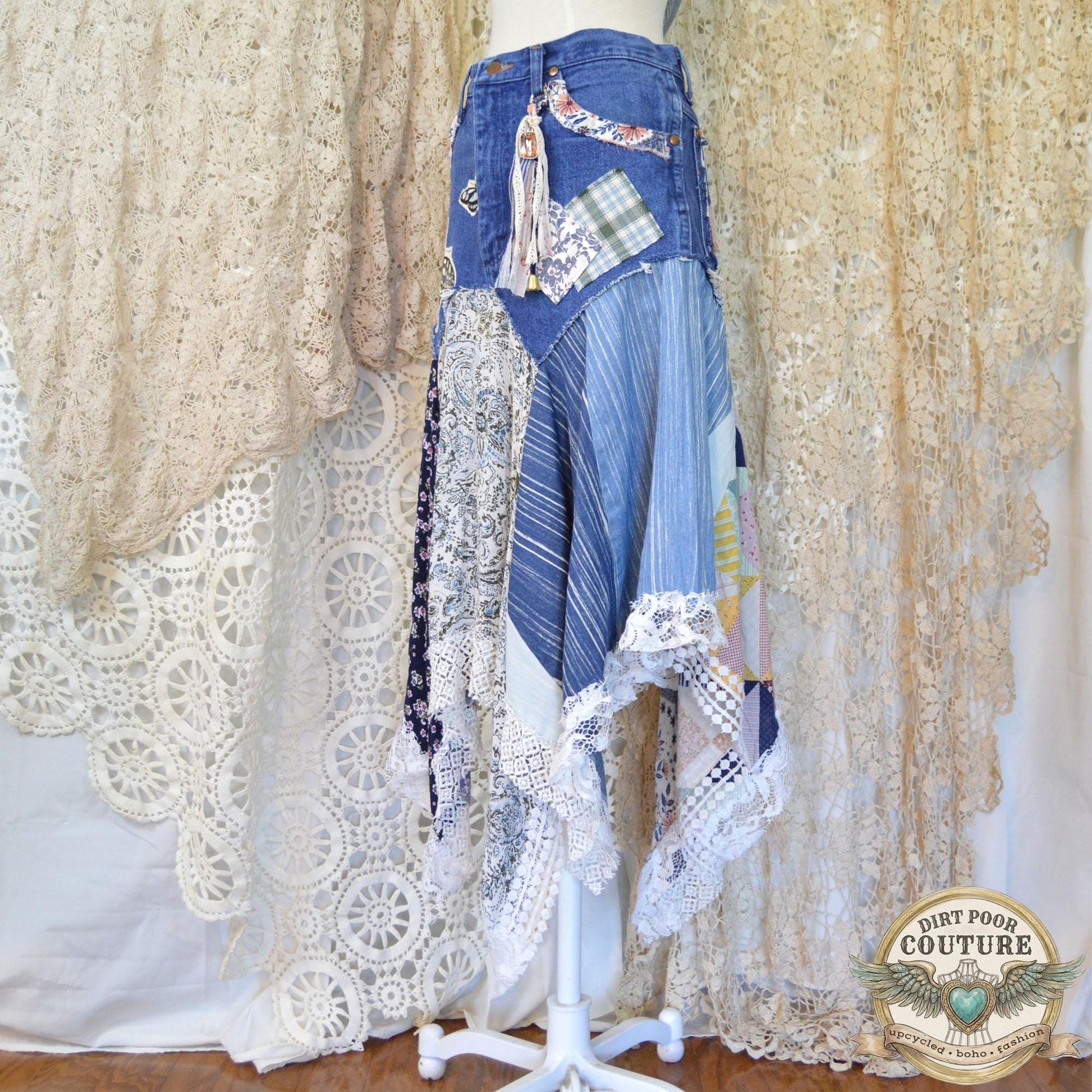 Denim Butterfly Scrappy Skirt, Size 9, Upcycled, Custom Patchwork, Handkerchief Boho Skirt, Jeans, Vintage, Lace