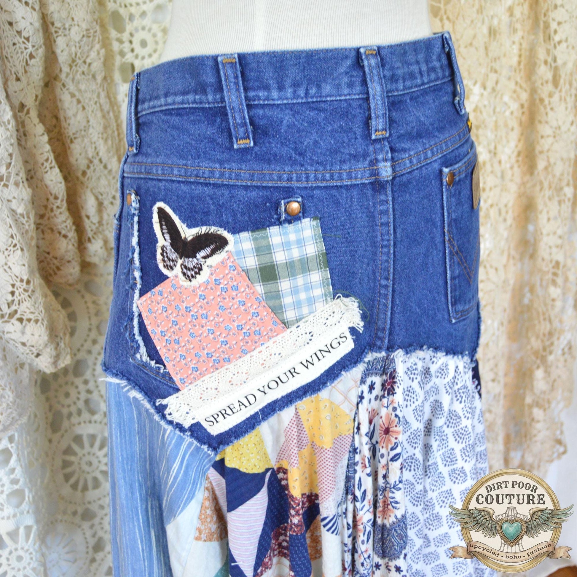 Denim Butterfly Scrappy Skirt, Size 9, Upcycled, Custom Patchwork, Handkerchief Boho Skirt, Jeans, Vintage, Lace
