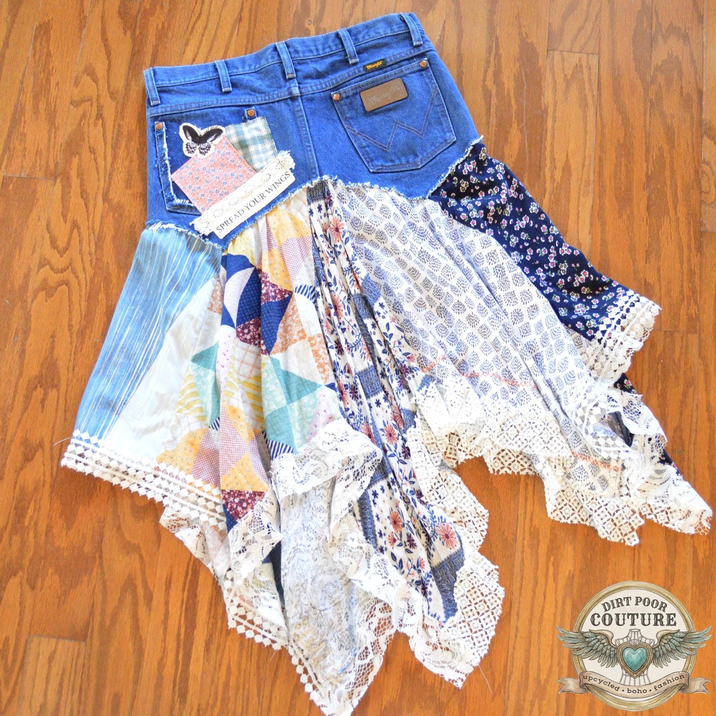 Denim Butterfly Scrappy Skirt, Size 9, Upcycled, Custom Patchwork, Handkerchief Boho Skirt, Jeans, Vintage, Lace