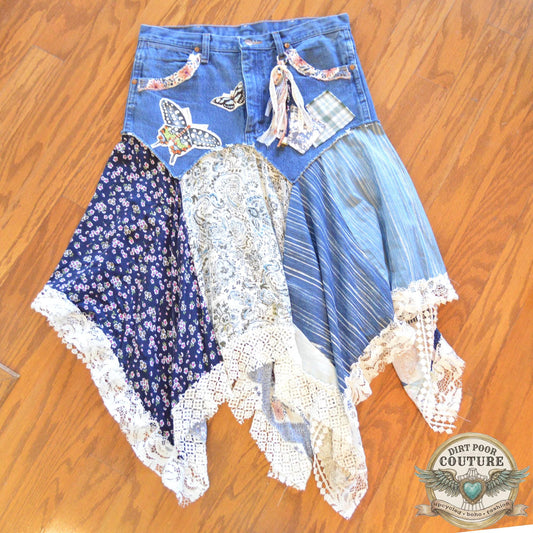 Denim Butterfly Scrappy Skirt, Size 9, Upcycled, Custom Patchwork, Handkerchief Boho Skirt, Jeans, Vintage, Lace