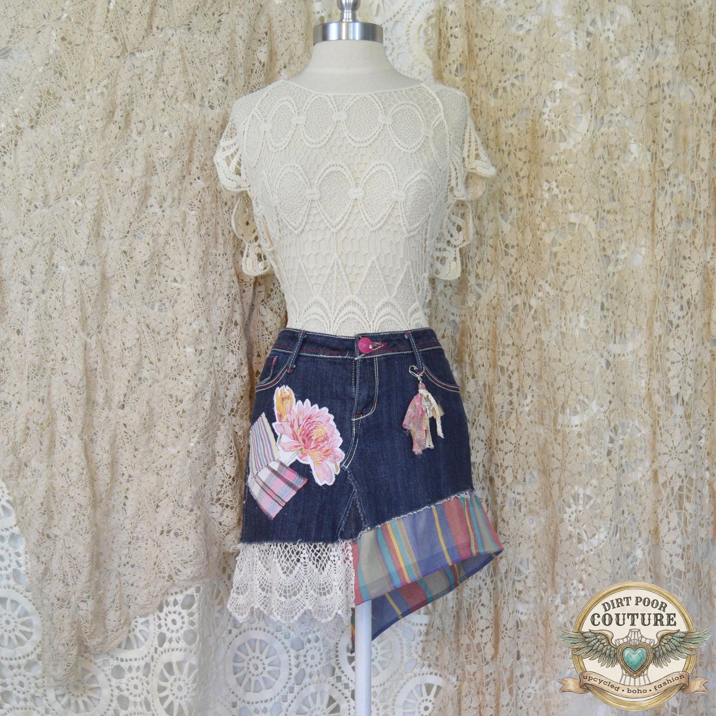 Upcycled Denim Mini Skirt, Boho Patchwork, Plaid Floral Appliques, Vintage Lace, Size 7, Scrappy Custom Jean Skirt