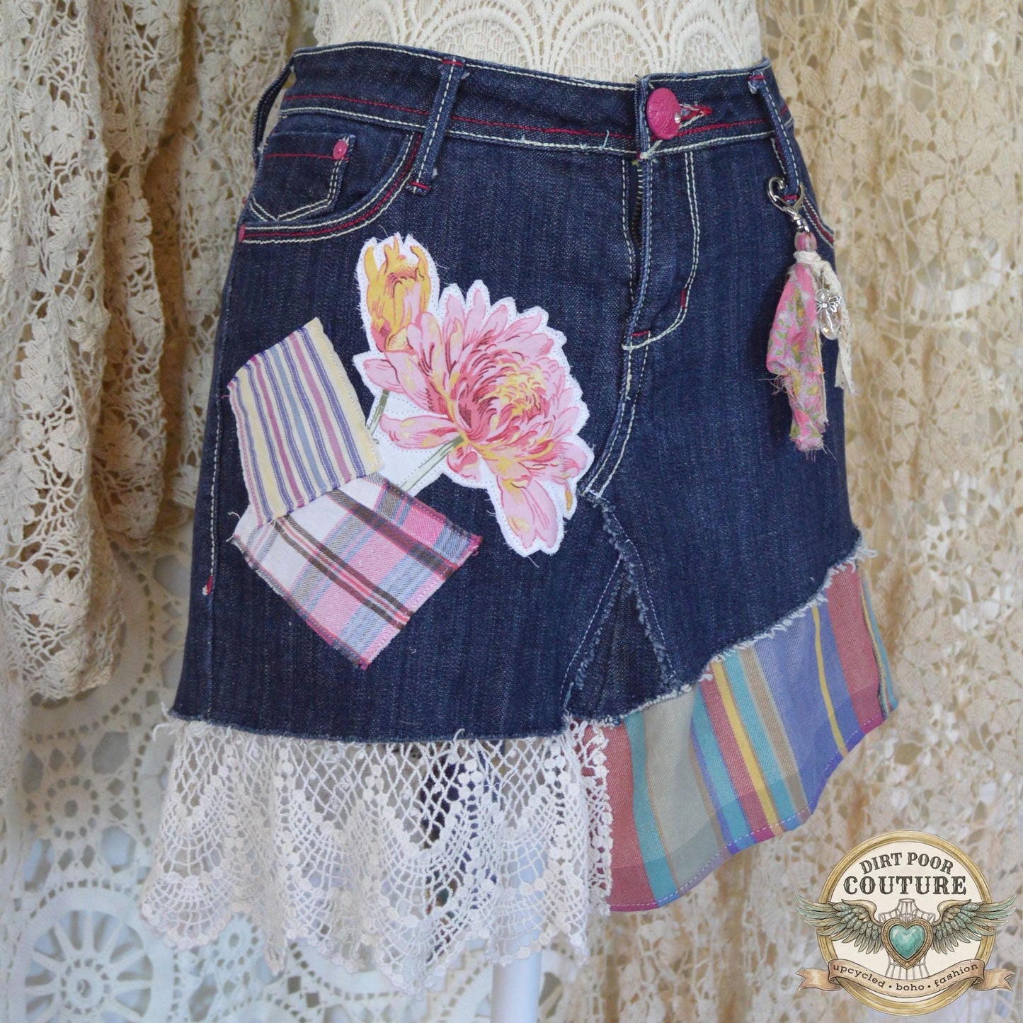 Upcycled Denim Mini Skirt, Boho Patchwork, Plaid Floral Appliques, Vintage Lace, Size 7, Scrappy Custom Jean Skirt