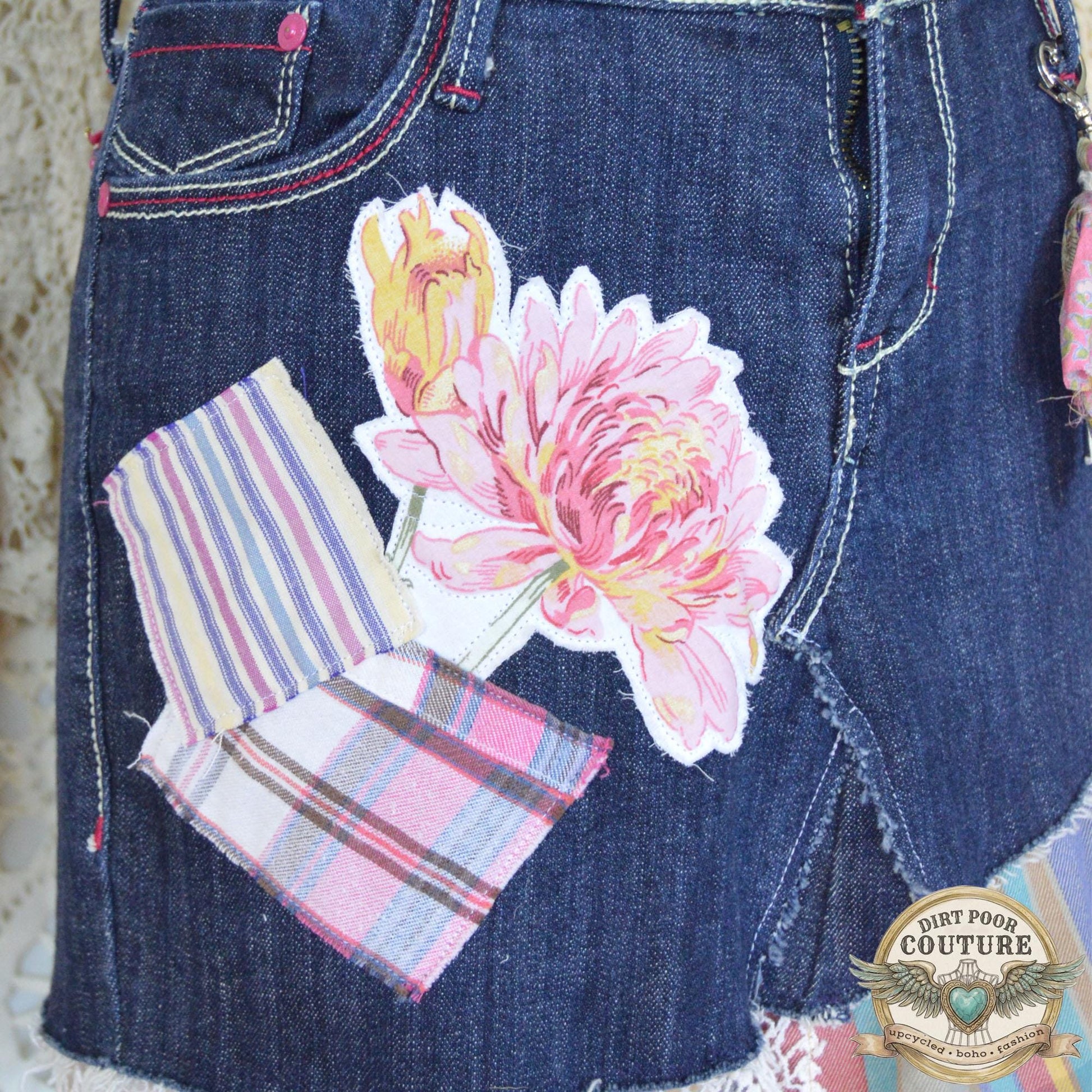 Upcycled Denim Mini Skirt, Boho Patchwork, Plaid Floral Appliques, Vintage Lace, Size 7, Scrappy Custom Jean Skirt