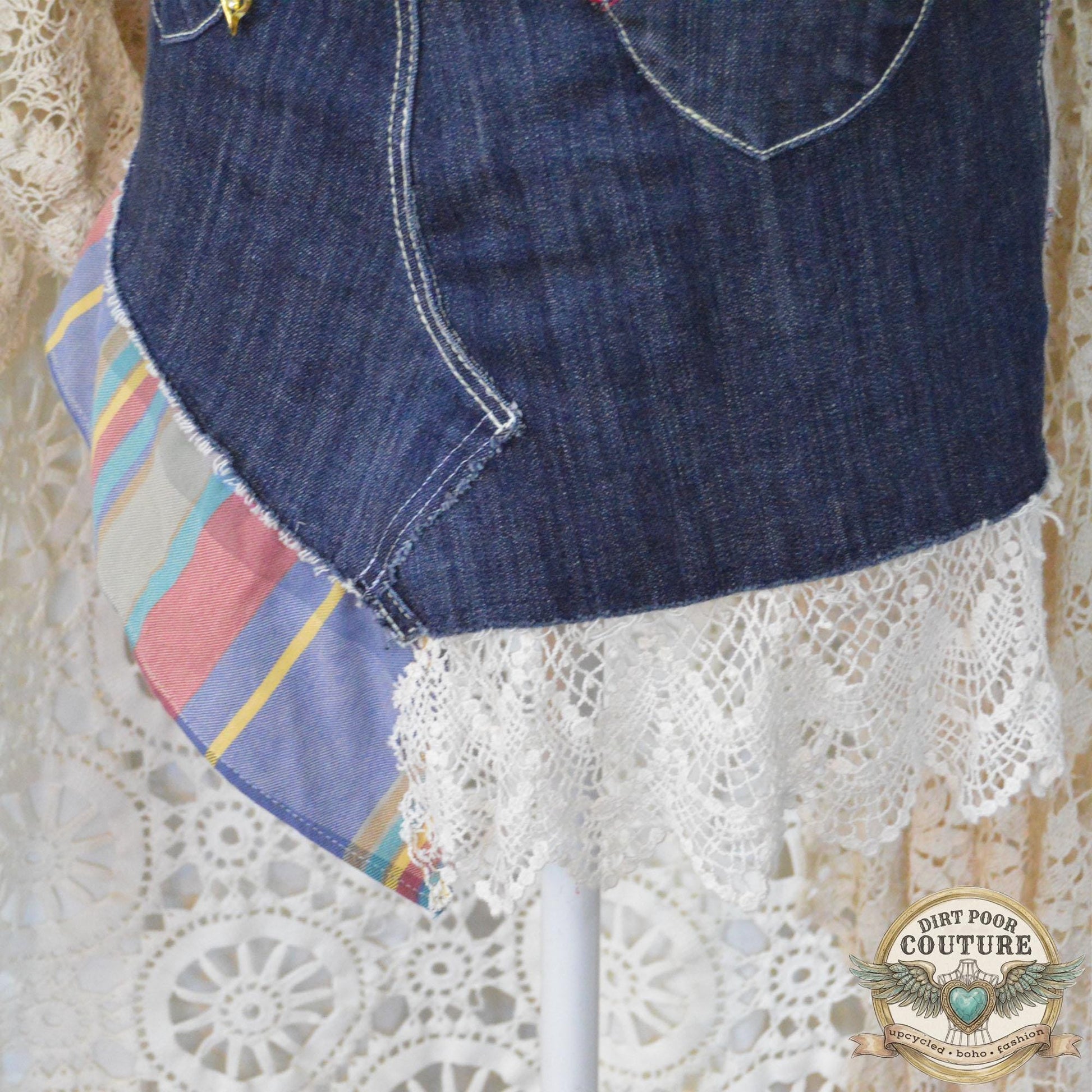 Upcycled Denim Mini Skirt, Boho Patchwork, Plaid Floral Appliques, Vintage Lace, Size 7, Scrappy Custom Jean Skirt