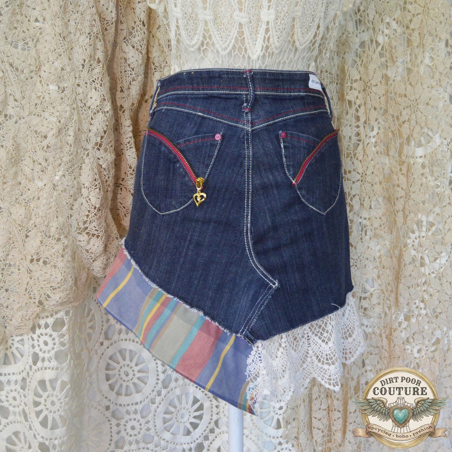Upcycled Denim Mini Skirt, Boho Patchwork, Plaid Floral Appliques, Vintage Lace, Size 7, Scrappy Custom Jean Skirt