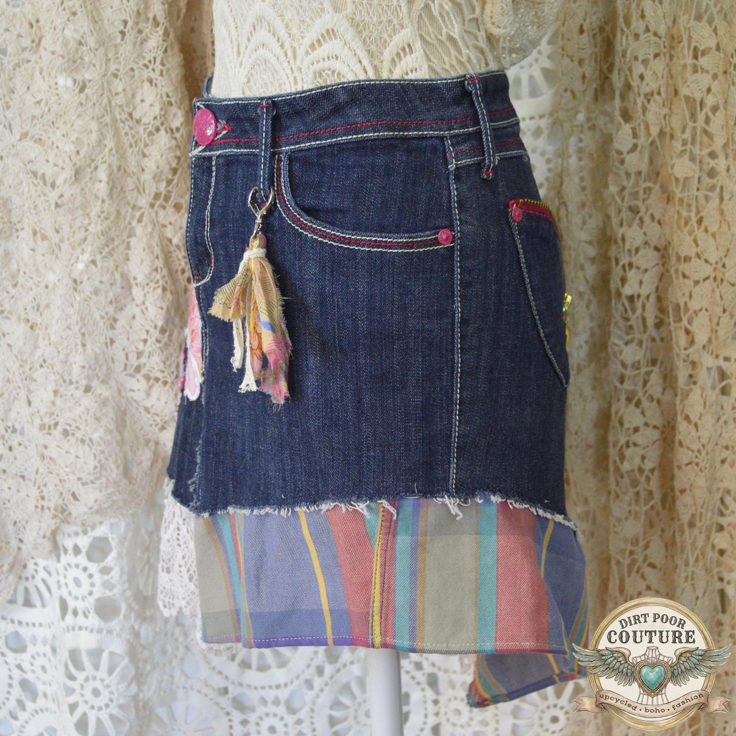 Upcycled Denim Mini Skirt, Boho Patchwork, Plaid Floral Appliques, Vintage Lace, Size 7, Scrappy Custom Jean Skirt