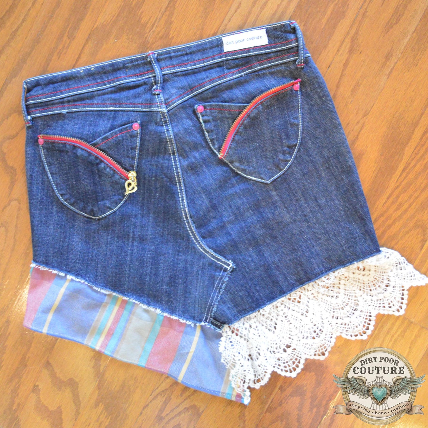 Upcycled Denim Mini Skirt, Boho Patchwork, Plaid Floral Appliques, Vintage Lace, Size 7, Scrappy Custom Jean Skirt