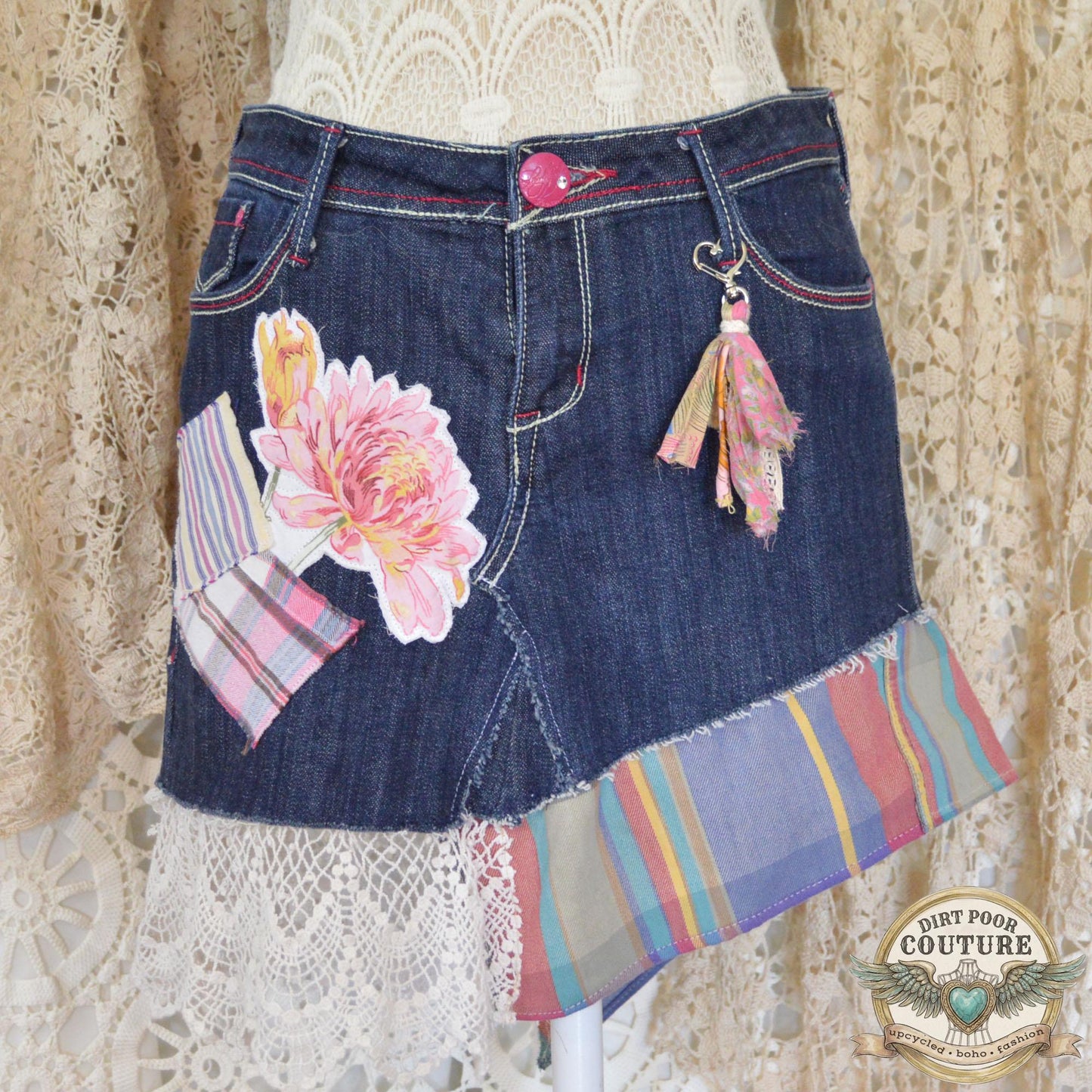 Upcycled Denim Mini Skirt, Boho Patchwork, Plaid Floral Appliques, Vintage Lace, Size 7, Scrappy Custom Jean Skirt