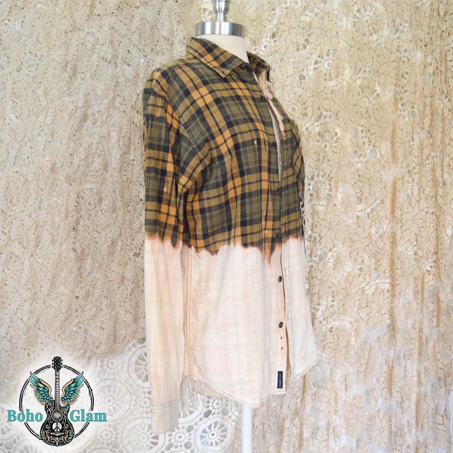 Bleached Boston Band Flannel - Yellow Plaid Retro Rock T-Shirt Graphic Applique - Men's Small Upcycled Distressed Grunge Flannel Shirt