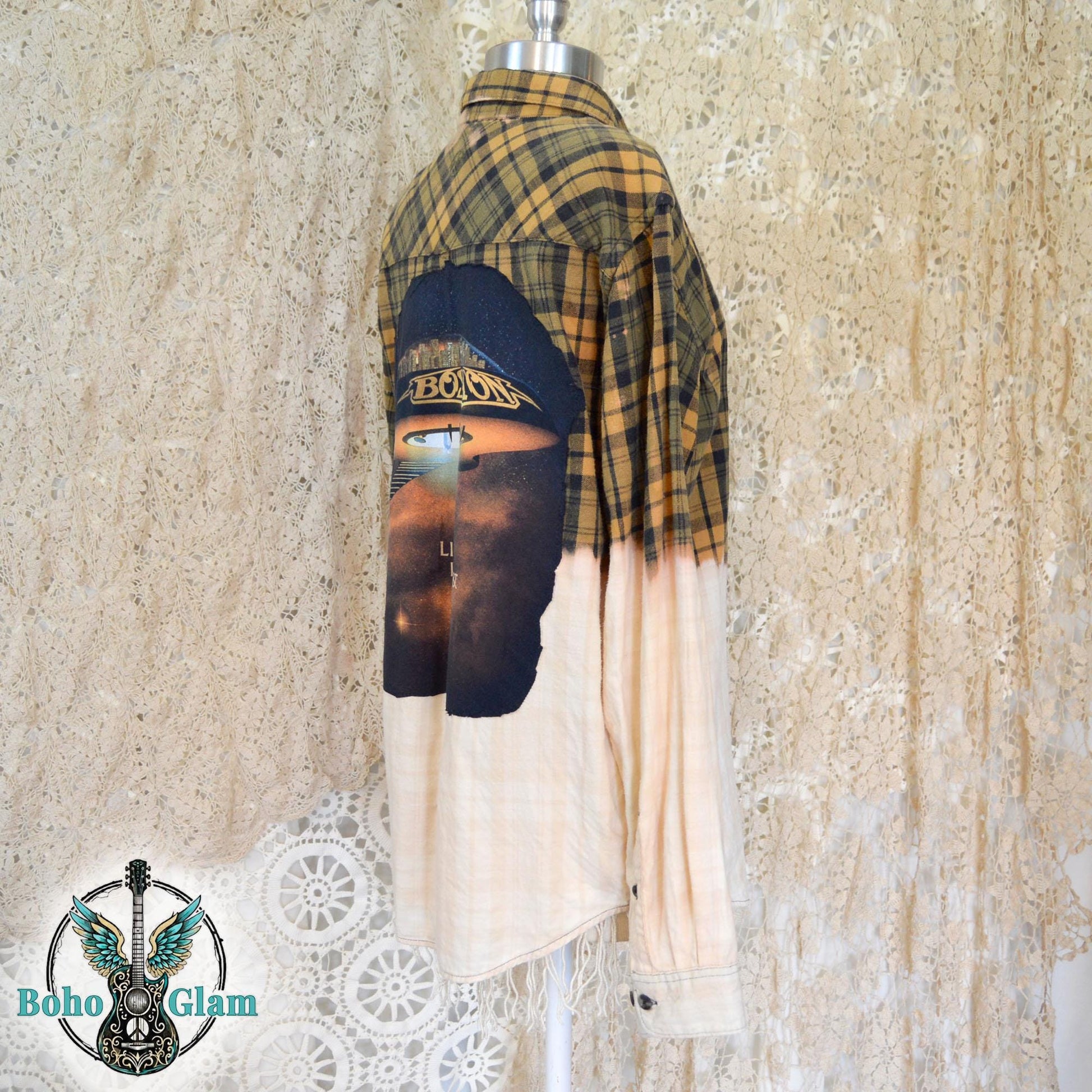 Bleached Boston Band Flannel - Yellow Plaid Retro Rock T-Shirt Graphic Applique - Men's Small Upcycled Distressed Grunge Flannel Shirt