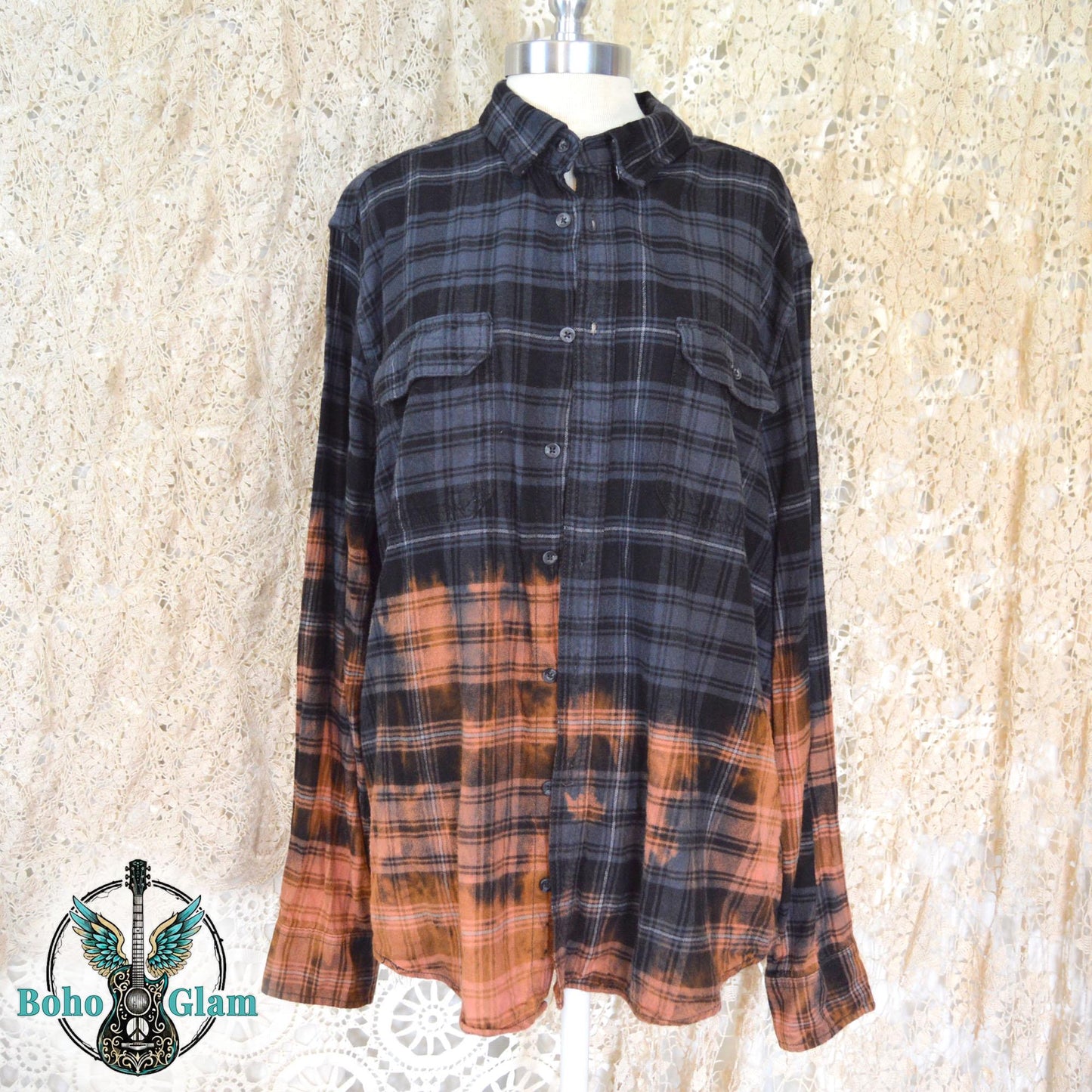 Custom Bleached Rooster Flannel Shirt – GRIT Patchwork, Farmhouse Boho Style XL Tall