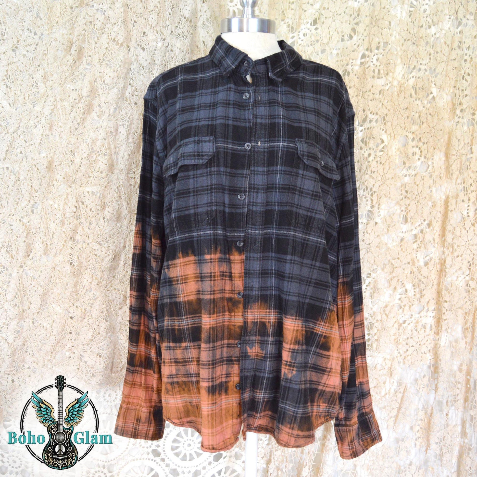 Custom Bleached Rooster Flannel Shirt – GRIT Patchwork, Farmhouse Boho Style XL Tall