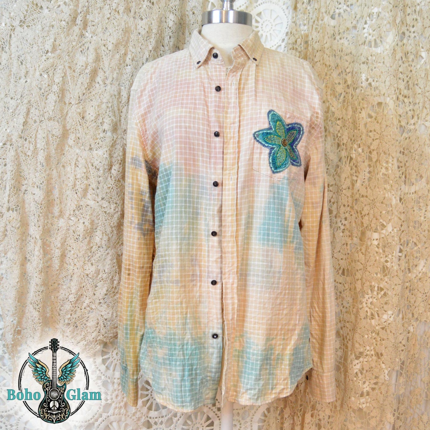 Full Front View: A button-down Banana Republic shirt on a mannequin showing the oversized fit and the artistic color transition from yellow to green.