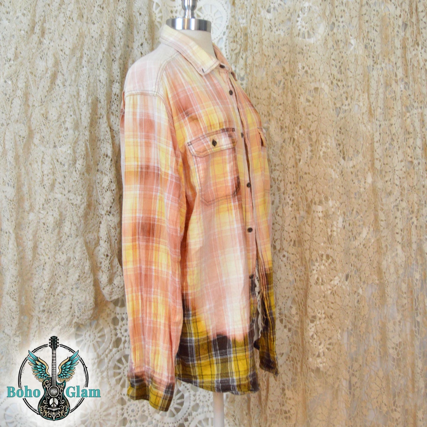 Side Profile: A view of the shirt on a mannequin highlighting the sleeve length and the contrast between the bleached and unbleached sections.