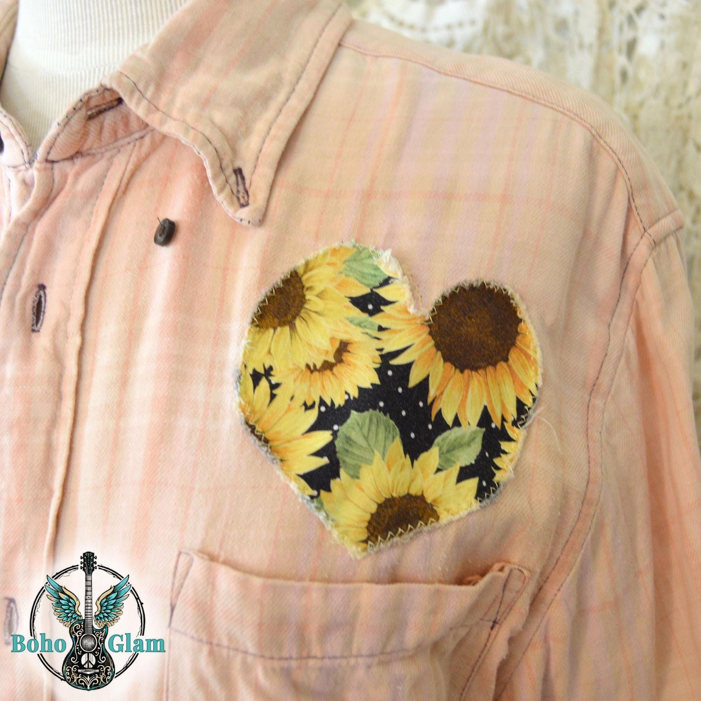 Upcycled Janis Joplin Lyrics Flannel - Sunflower Peace Sign Patchwork Shirt - Janis Joplin Quote Freedom - Boho Hippie Plaid Top - Size M
