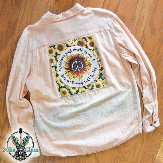 Upcycled Janis Joplin Lyrics Flannel - Sunflower Peace Sign Patchwork Shirt - Janis Joplin Quote Freedom - Boho Hippie Plaid Top - Size M