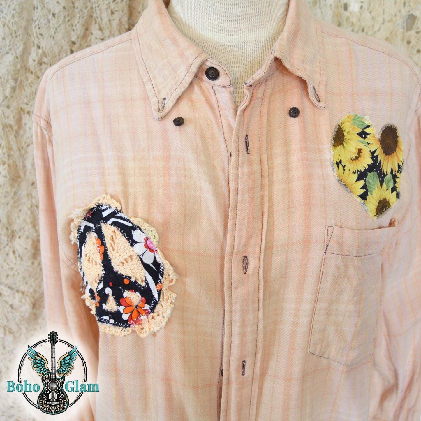 Upcycled Janis Joplin Lyrics Flannel - Sunflower Peace Sign Patchwork Shirt - Janis Joplin Quote Freedom - Boho Hippie Plaid Top - Size M