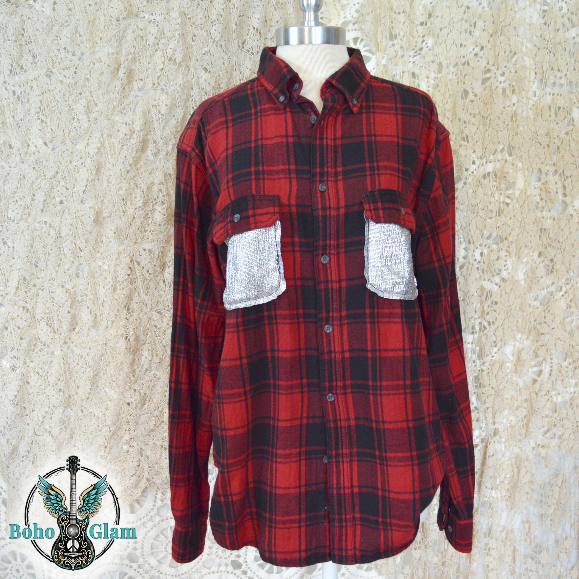 Goodbye Earl Flannel - Men's Size L Red Plaid Shirt with Silver Metallic Accents - Custom - Western Boho Top