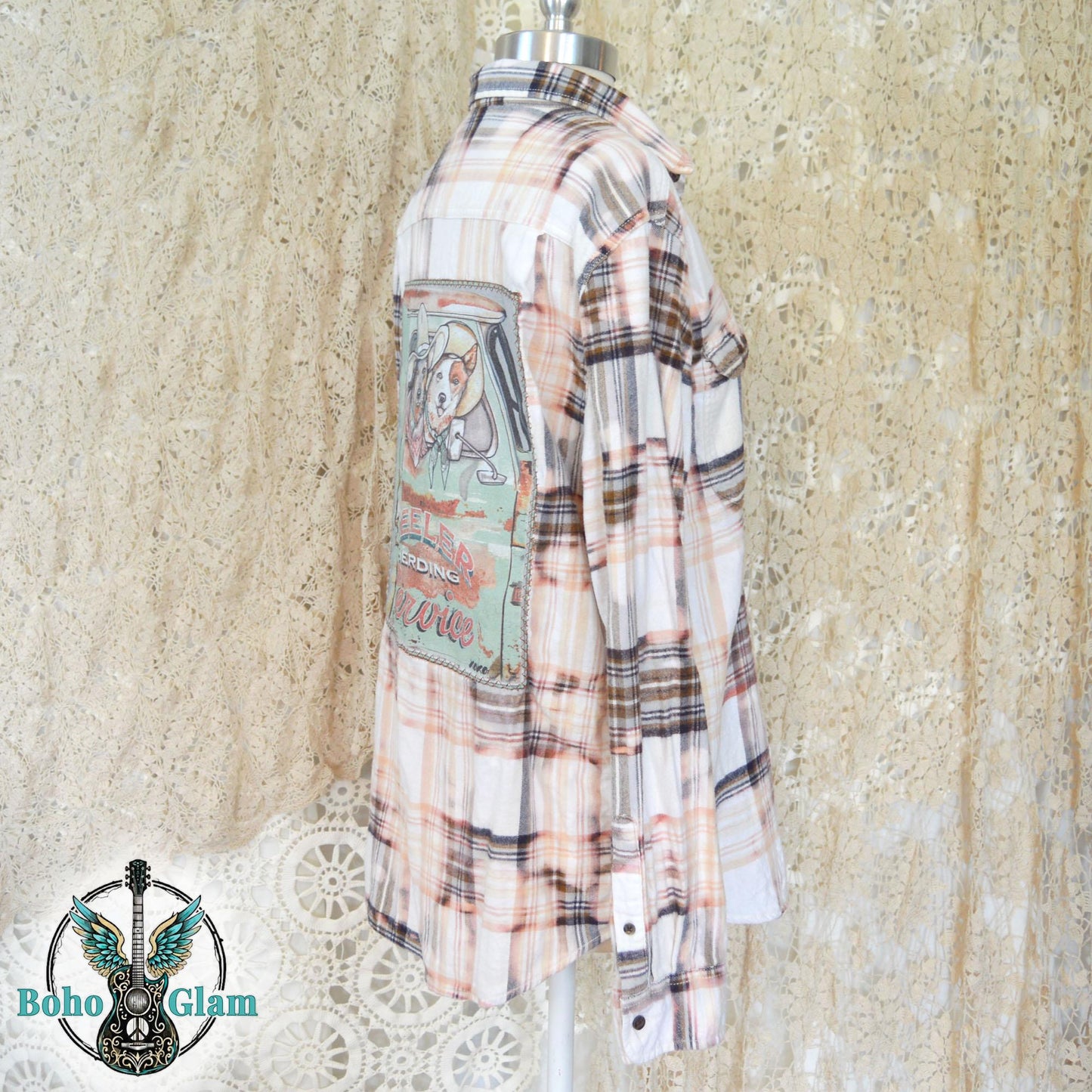 Side View: Profile shot of the flannel shirt on a mannequin highlighting the sleeve length and the continuation of the bleached plaid pattern.