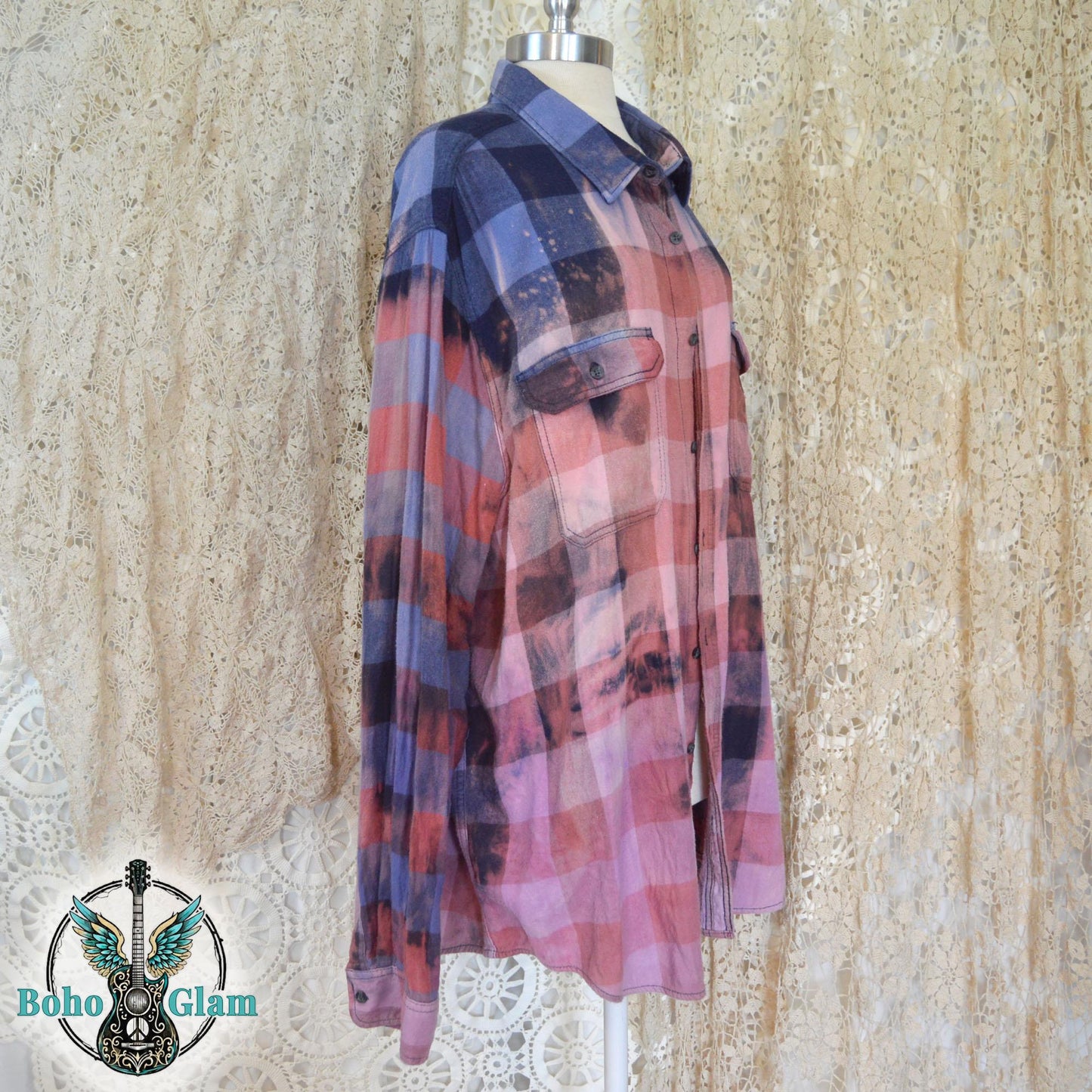 Memphis Hard Rock Flannel - Men's Size 3XL Tall Bleached Plaid Shirt - Custom Music Graphic Boho Top - Distressed Rock & Roll Button Down