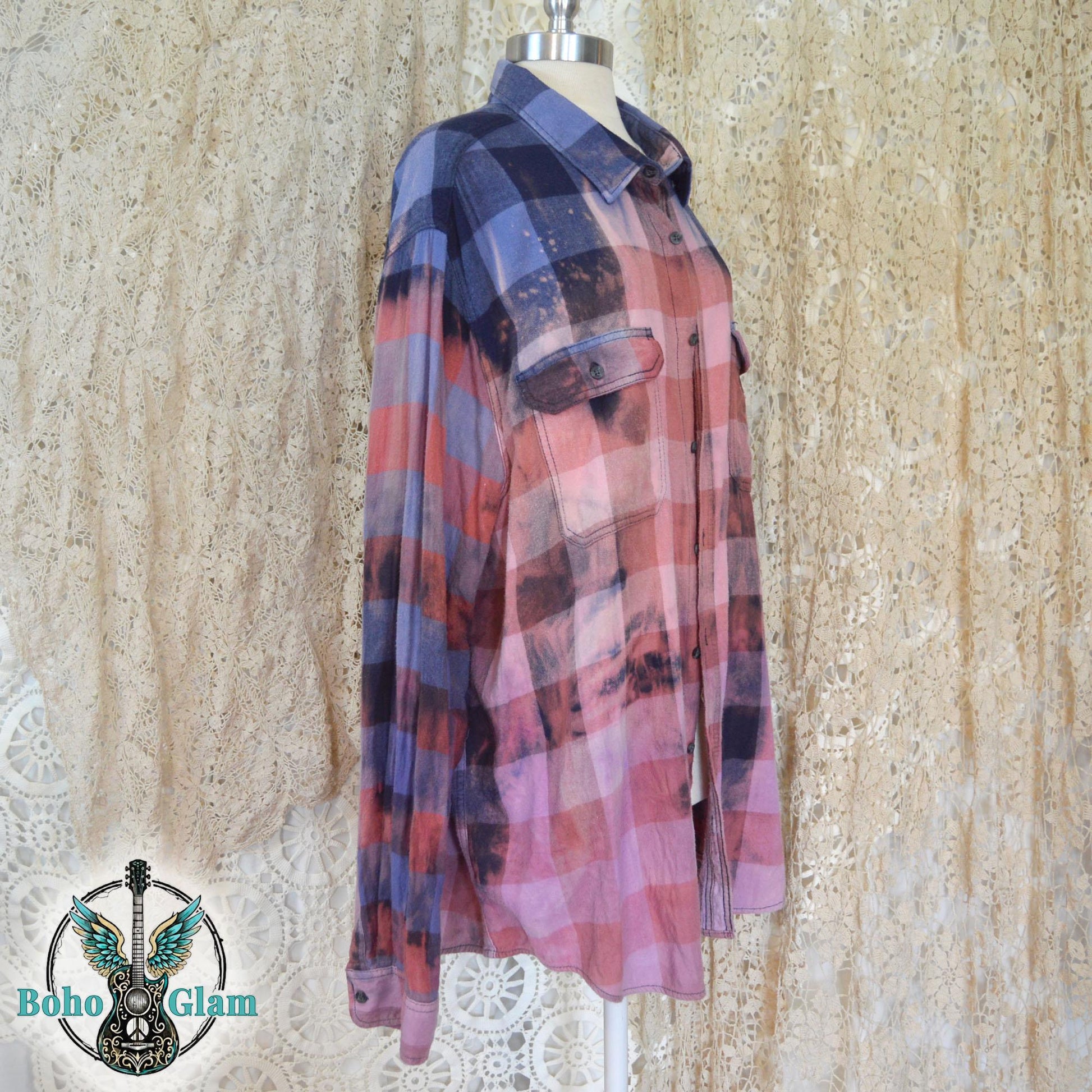 Memphis Hard Rock Flannel - Men's Size 3XL Tall Bleached Plaid Shirt - Custom Music Graphic Boho Top - Distressed Rock & Roll Button Down