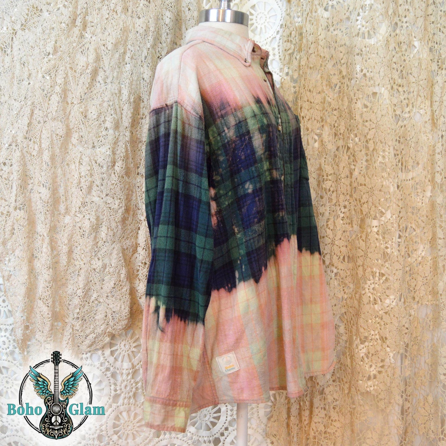 Side View: Profile shot of the shirt on a mannequin showing the sleeve length and the sharp contrast between the dark plaid and the bleached lower half.