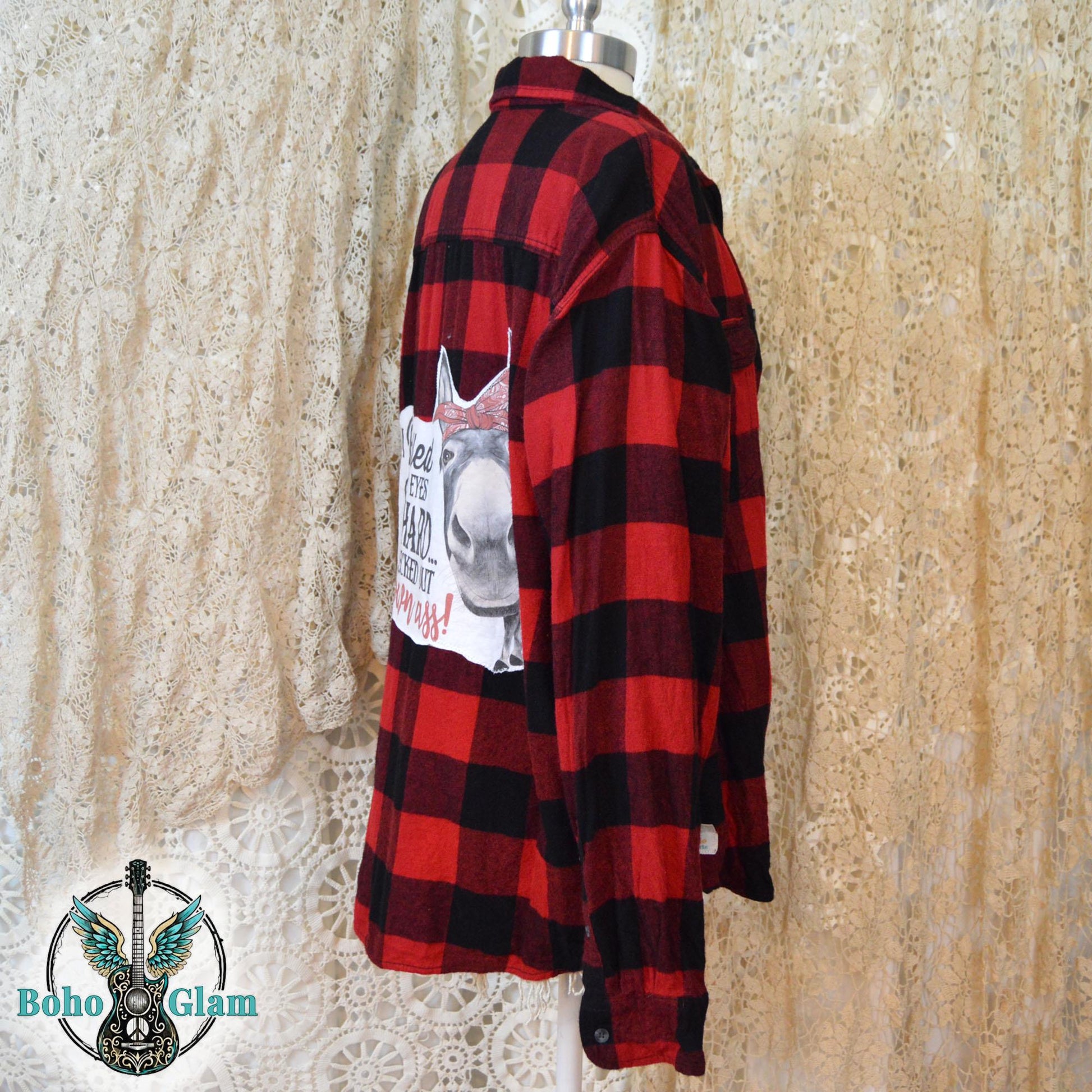 Upcycled Funny Donkey Flannel Shirt- Red Buffalo Plaid Boho - I Rolled My Eyes So Hard Graphic Applique - Men's Size XL Handcrafted Shirt
