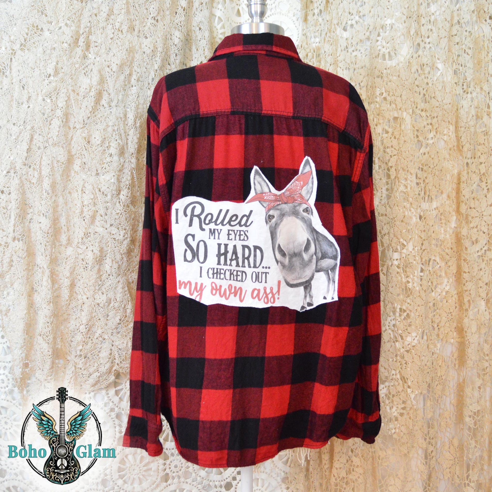 Upcycled Funny Donkey Flannel Shirt- Red Buffalo Plaid Boho - I Rolled My Eyes So Hard Graphic Applique - Men's Size XL Handcrafted Shirt