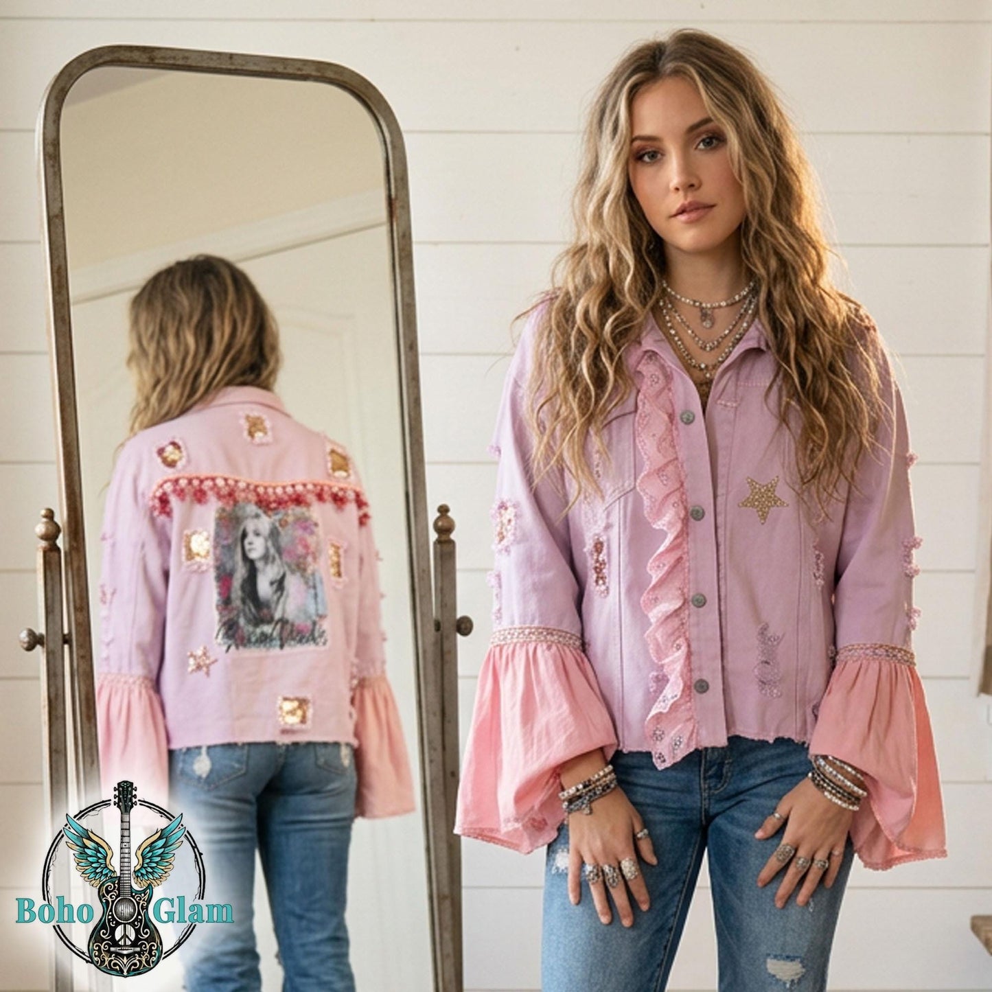 Model wearing pink boho glam denim jacket with belle sleeves and rhinestone stars, Stevie Nicks inspired outfit, front and back view with watercolor graphic, festival ready look