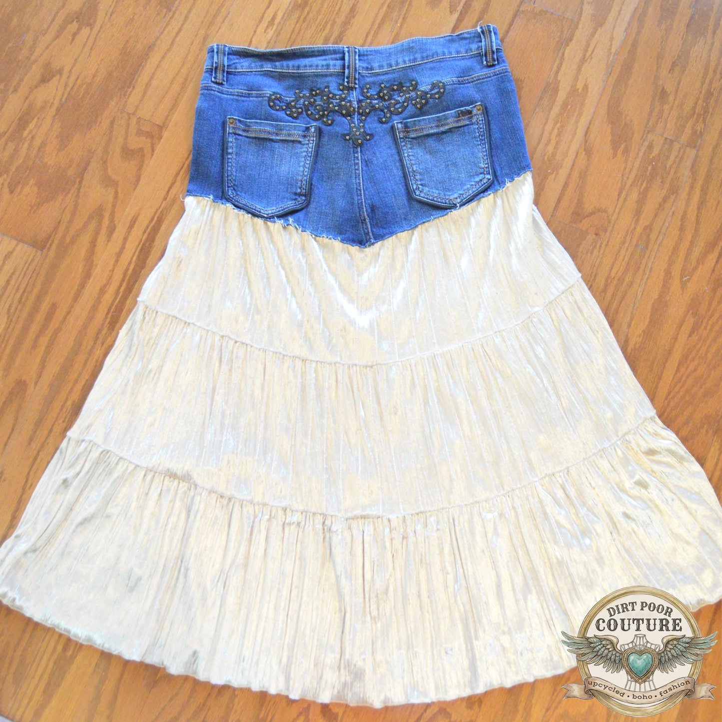 Denim Velvet Embroidered Skirt, Studded Boho Upcycled Skirt with Sequin, Peony Embroidery, Size 10, Reba Jean Crushed Velvet tiered Skirt