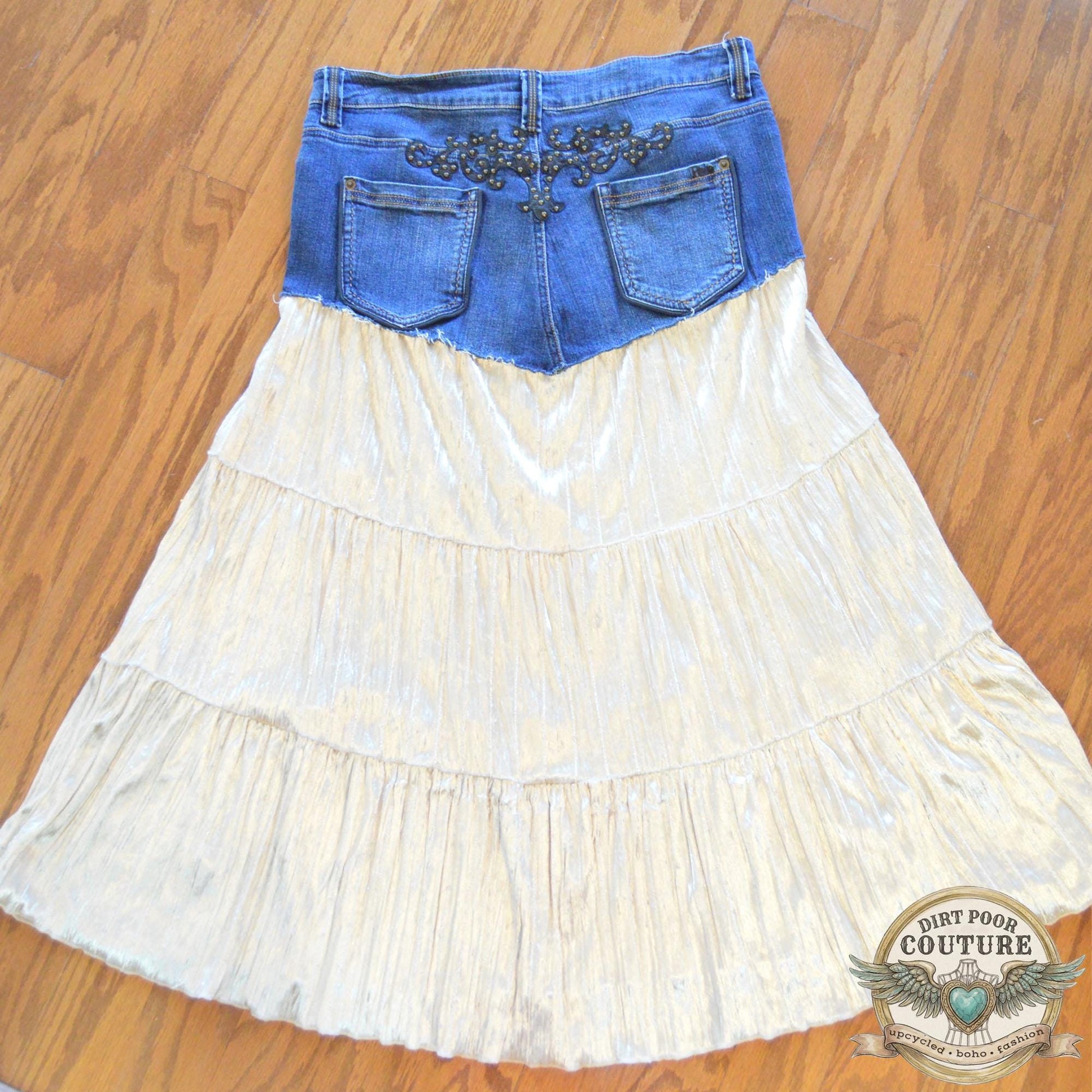 Denim Velvet Embroidered Skirt, Studded Boho Upcycled Skirt with Sequin, Peony Embroidery, Size 10, Reba Jean Crushed Velvet tiered Skirt