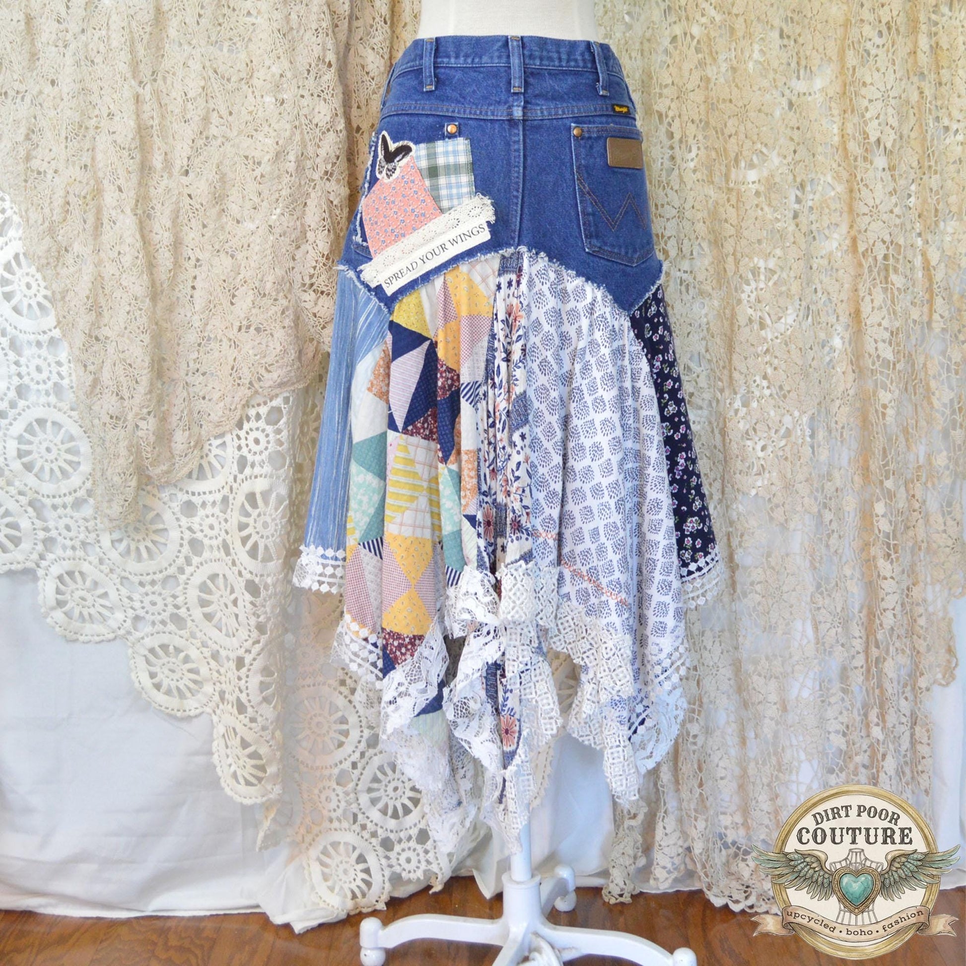 Denim Butterfly Scrappy Skirt, Size 9, Upcycled, Custom Patchwork, Handkerchief Boho Skirt, Jeans, Vintage, Lace
