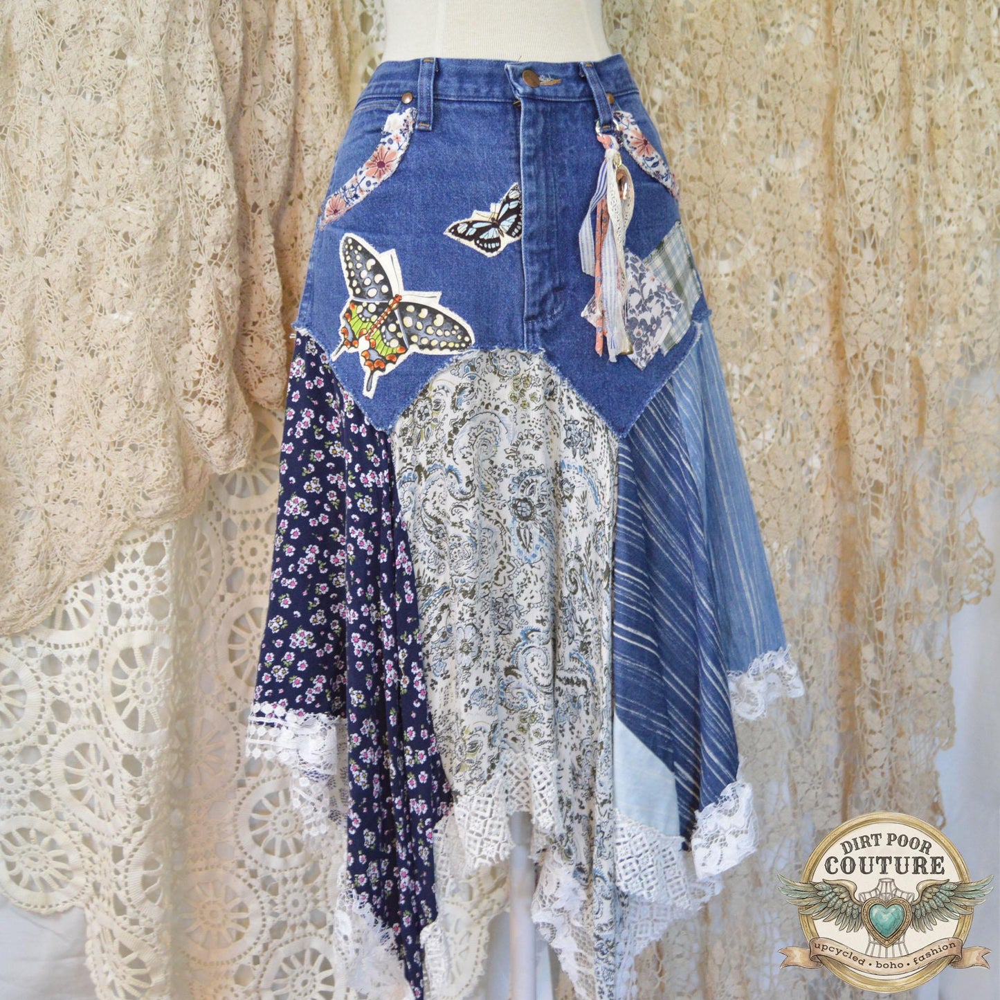 Denim Butterfly Scrappy Skirt, Size 9, Upcycled, Custom Patchwork, Handkerchief Boho Skirt, Jeans, Vintage, Lace