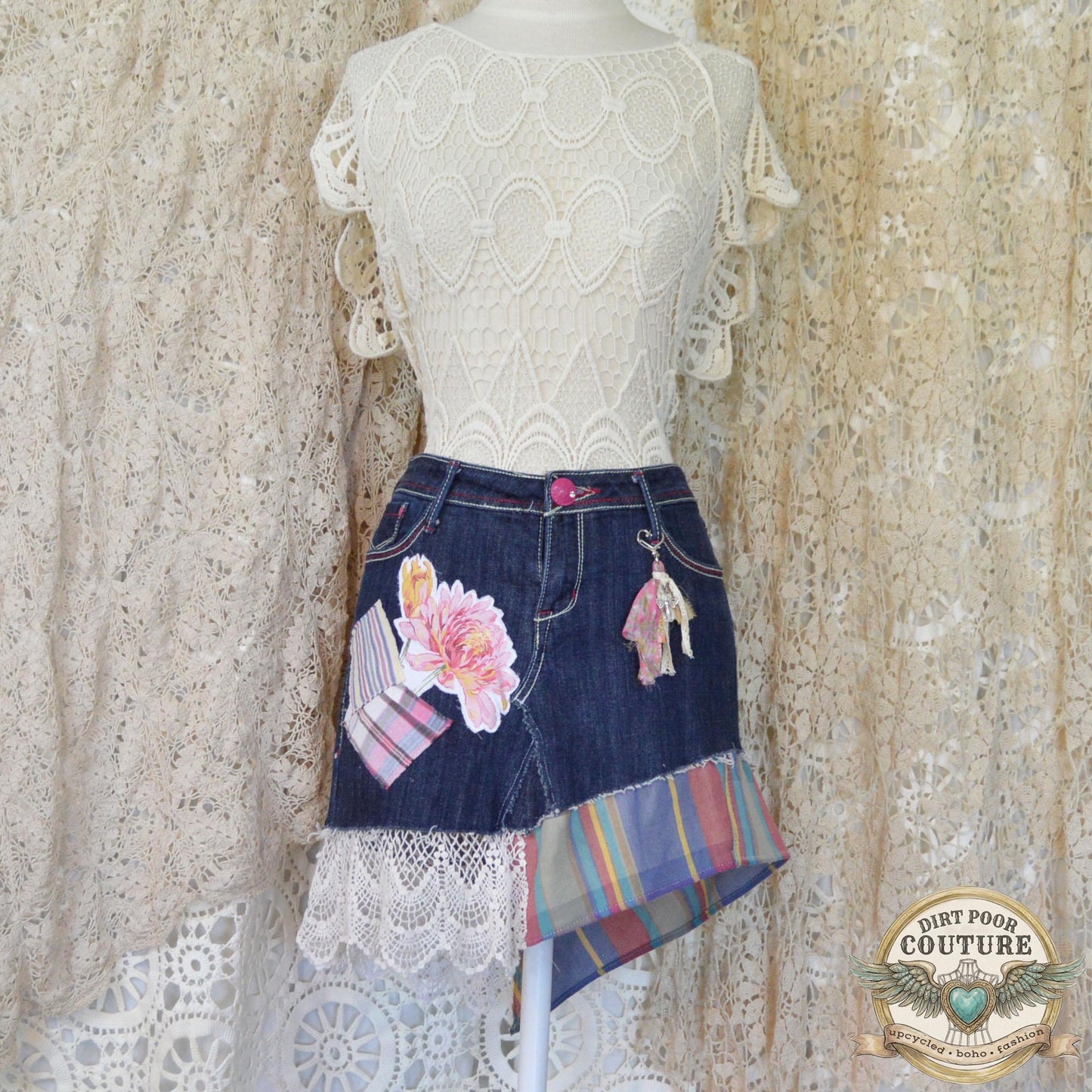 Upcycled Denim Mini Skirt, Boho Patchwork, Plaid Floral Appliques, Vintage Lace, Size 7, Scrappy Custom Jean Skirt