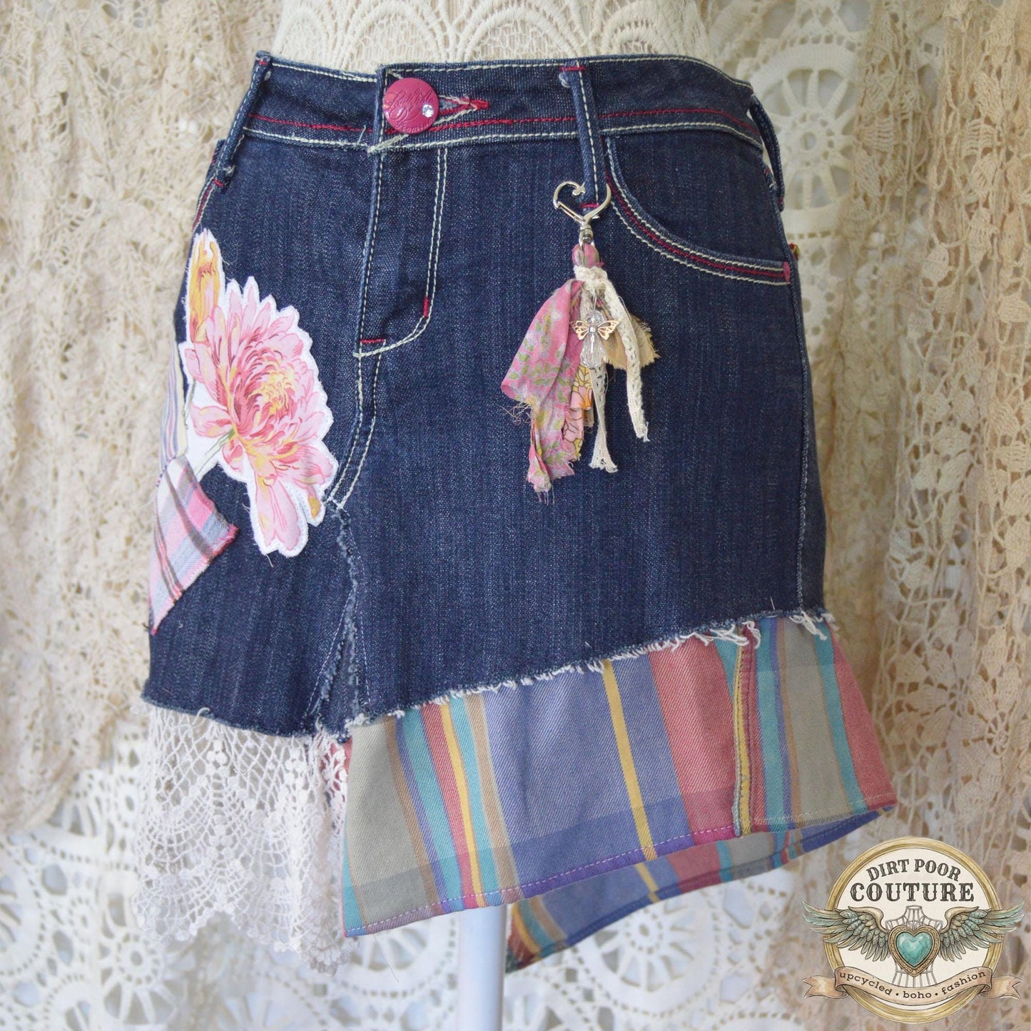 Upcycled Denim Mini Skirt, Boho Patchwork, Plaid Floral Appliques, Vintage Lace, Size 7, Scrappy Custom Jean Skirt