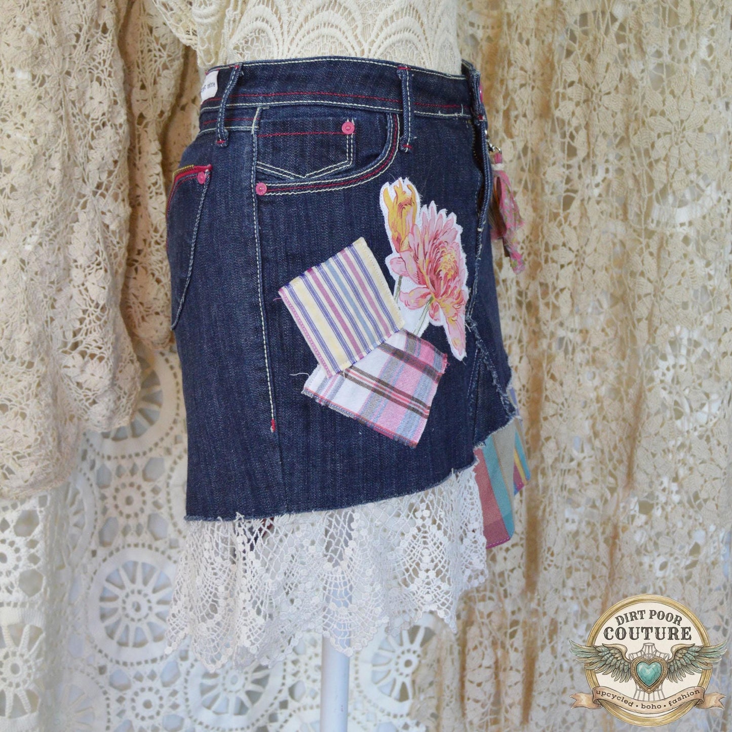 Upcycled Denim Mini Skirt, Boho Patchwork, Plaid Floral Appliques, Vintage Lace, Size 7, Scrappy Custom Jean Skirt