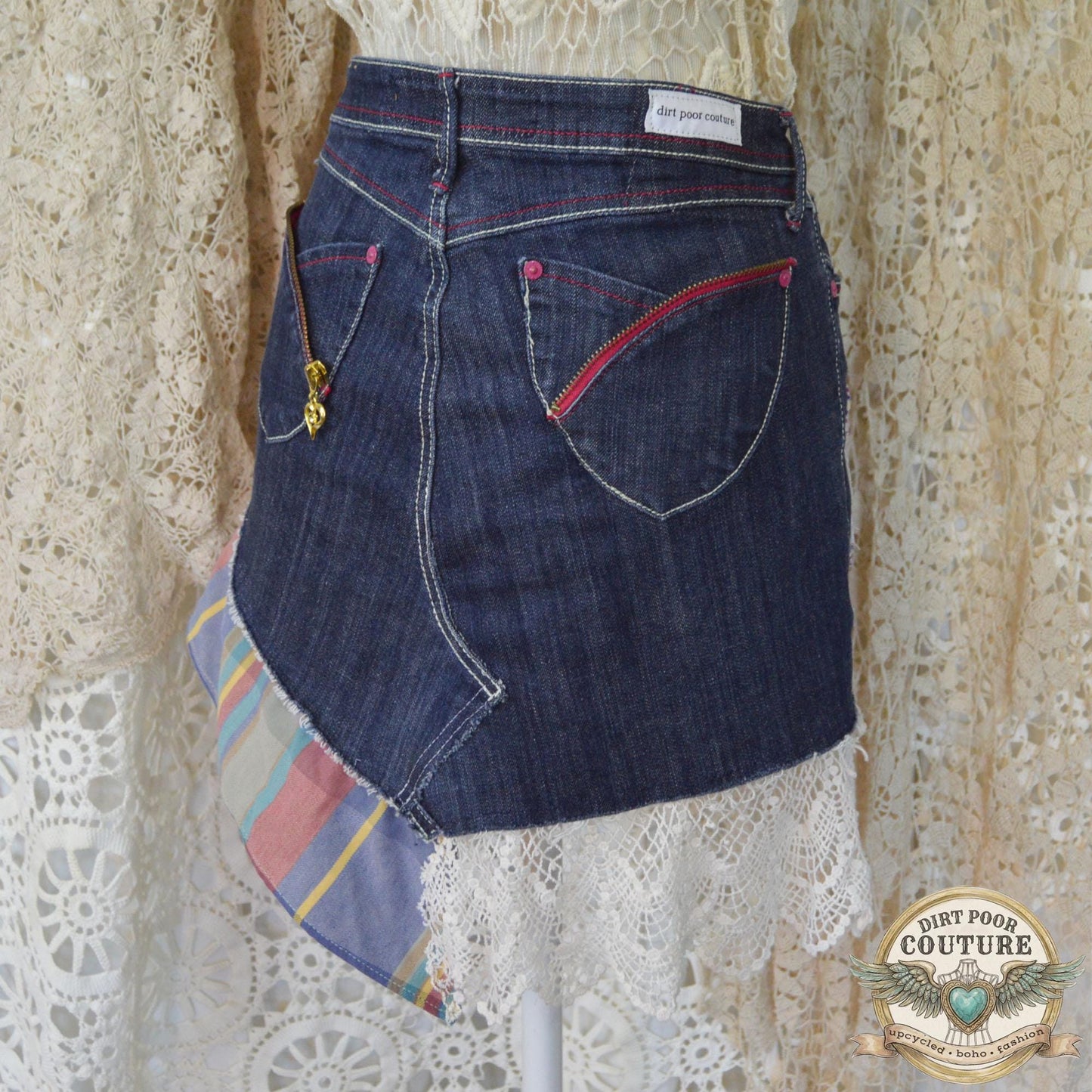 Upcycled Denim Mini Skirt, Boho Patchwork, Plaid Floral Appliques, Vintage Lace, Size 7, Scrappy Custom Jean Skirt